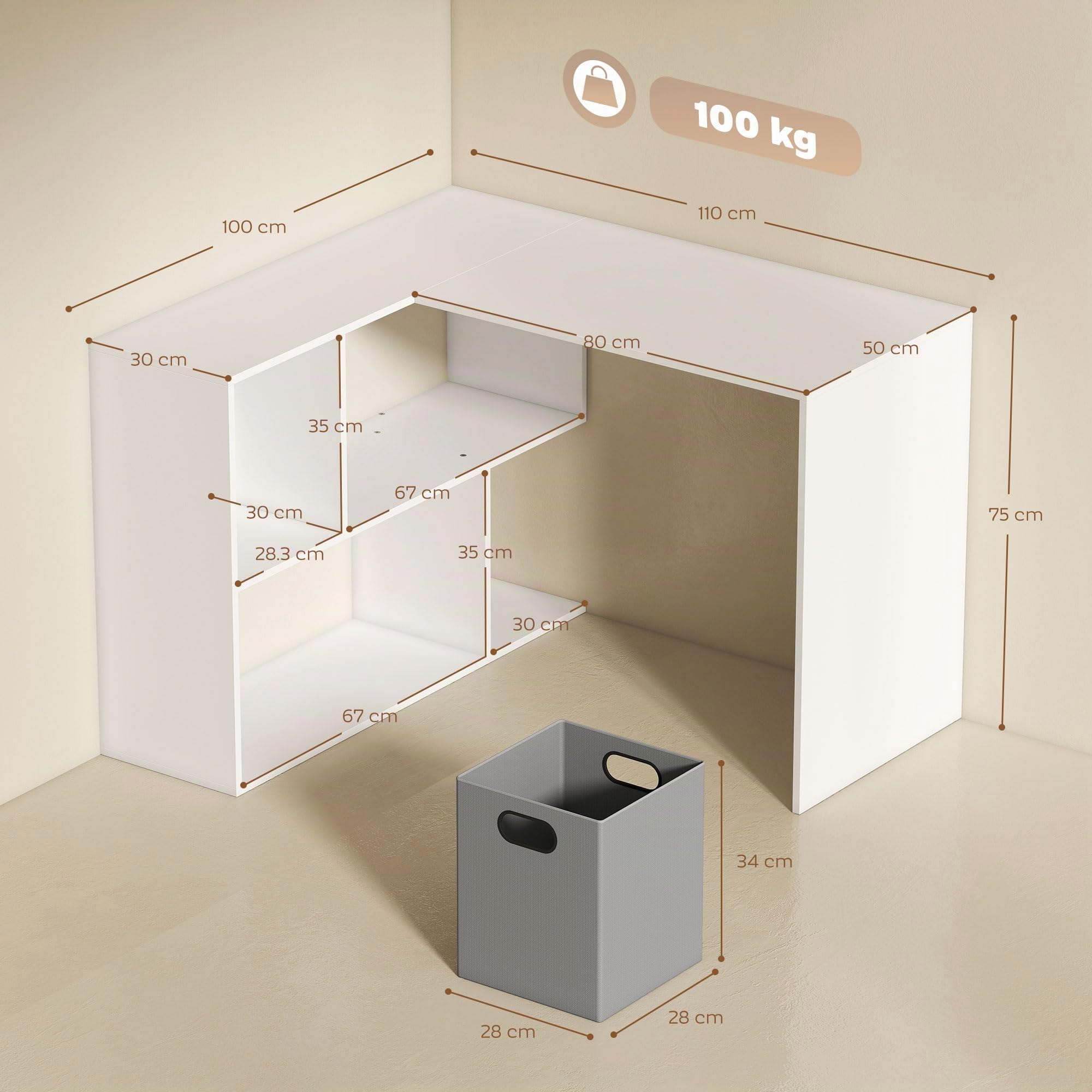 HOMCOM Scrivania Angolare per Computer 110x100 cm con Scaffale Bianco | Scrivania a L, Cassetto in Tessuto, Tavolo per PC, per Ufficio Studio e Camera da Letto, ad Angolo