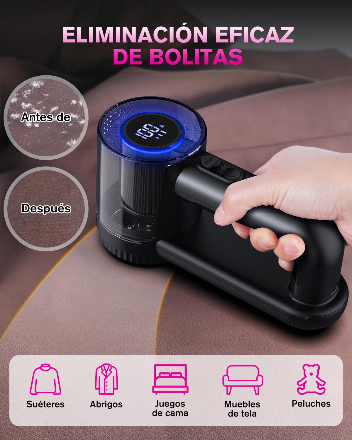 Quitapelusas Electrico, [2000mAh Recargable] Homtronics Quita Pelusas con 4 Cuchillas, 3 Velocidades, Pantalla LCD, Carga por USB, Potente y Eficiente Quita Bolas Ropa para Ropa y Muebles (Negro)