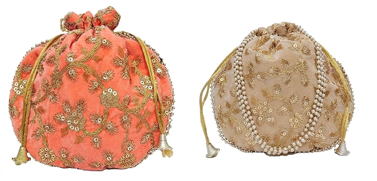 JDDCART Wedding gifting potli combo set of 2 || stylish shagun potli in velvet feel floral design fabric with sequins design of flower pattern (Peach, Gold, Sand Beige)-image-18