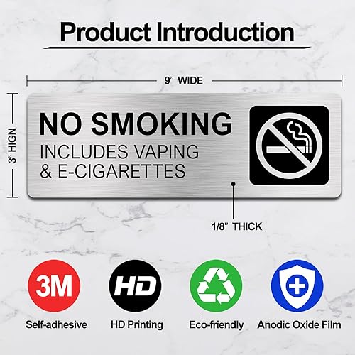 Miniatura 2 de Señales de no fumar para negocios, señales de no vapeo, 9 x 3 pulgadas, aluminio cepillado, impermeables, autoadhesivos para oficinas, restaurantes,