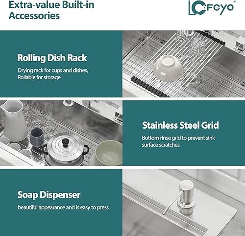 Miniatura 56 de Fregadero de cocina de 33 x 22 pulgadas, montaje superior, acero inoxidable 304, calibre 16, esquinas redondas, grandes fregaderos de cocina de Drop