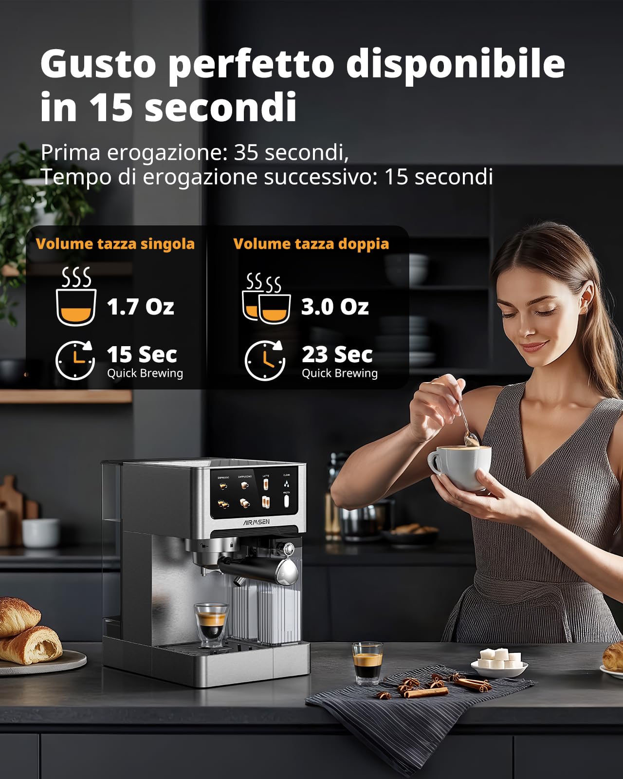 Macchina per Espresso 20 Bar per Casa con Frotheria Automatica, Cappuccino & Latte Caffè Macchina, Doppio Boiler Quick Estrazione (1350W+1000W), Acciaio Inox, Serbatoio d'Acqua 1.8L, Touchscreen