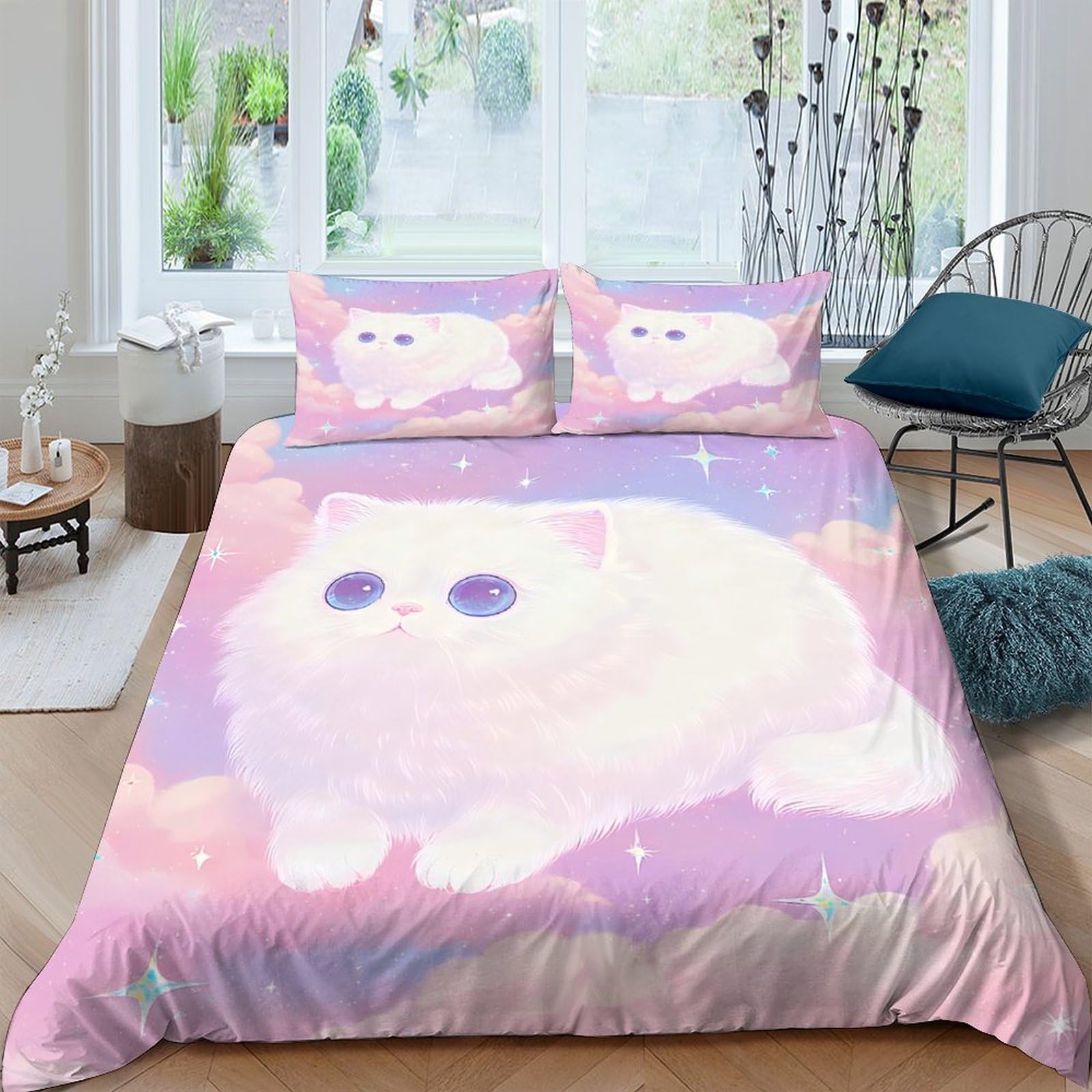 Ctjqhvkz Style-5 3D Printed Cute Fluffy Cat Fitted Sheet Microfiber Soft Pink Bedroom Decor Pastel Kitten Bed Cover For Home Dorm Single（135X200cm）