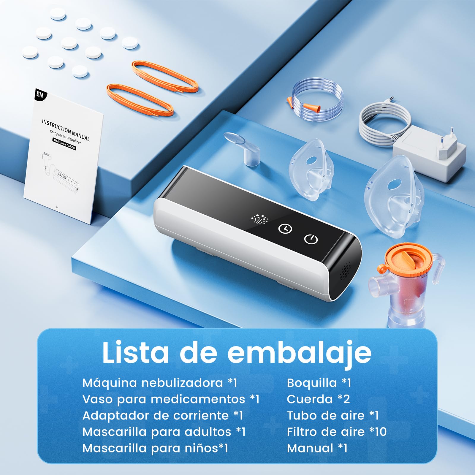 Nebulizador Bebe para Adultos y Niños, LED Inteligente con Temporizador Inhalador Compresión Ajustable Atomización Silencioso Compacto para Tos, Resfriado, Asma