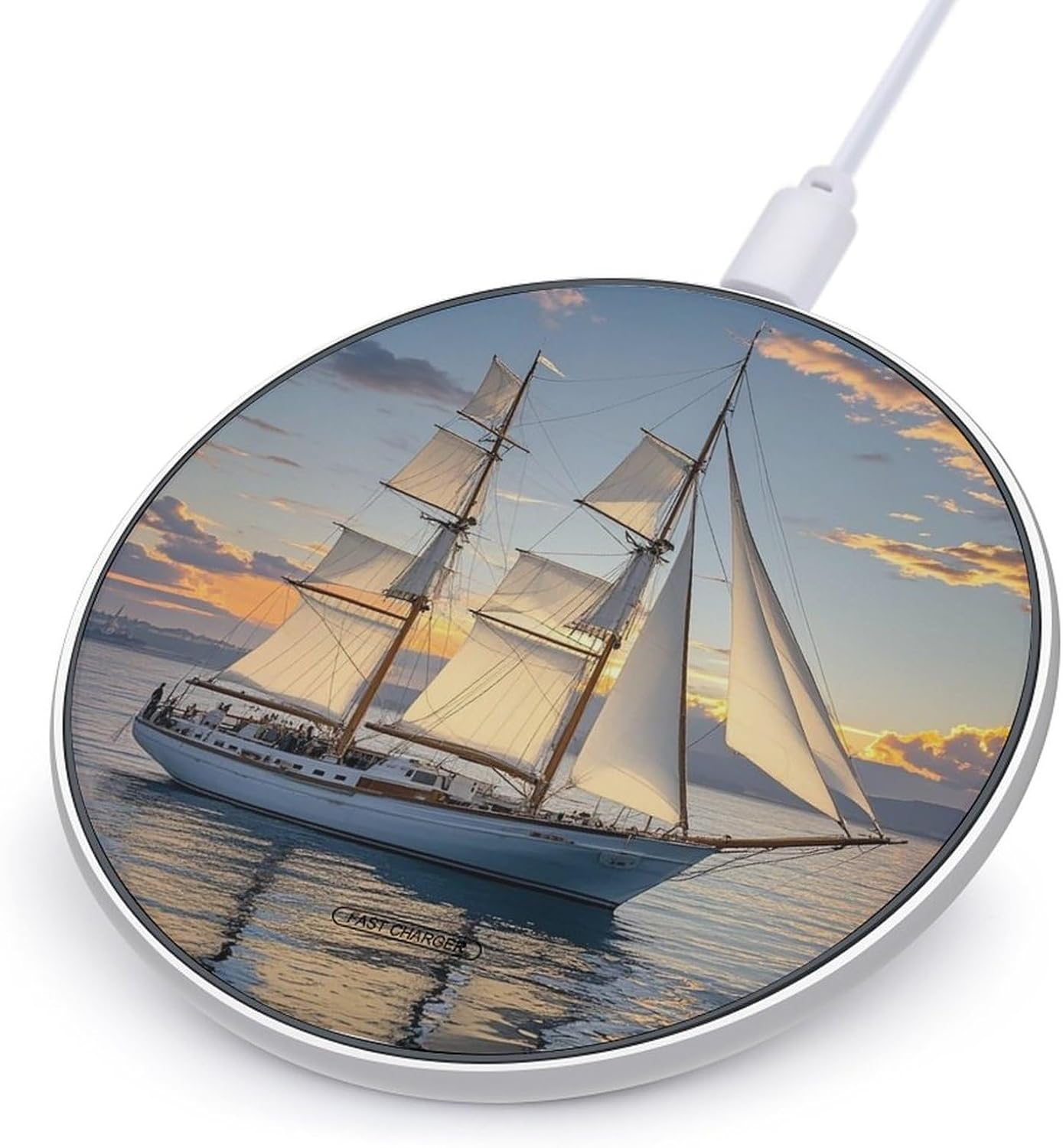 White Sailing Ship at Sunset Wireless Charger 10W Max Fast Wireless Charging Pad Lightweight Charging Station Portable Ultra Slim Charger Mat for Most Phone for Travel Home Office Desk