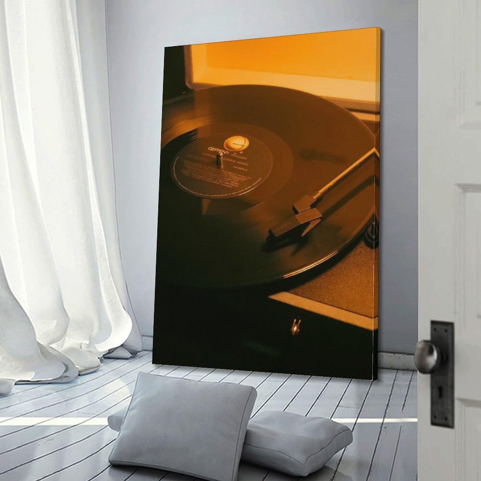 Gramofon z czarną płytą winylową w ciepłym świetle sztuka ścienna, retro muzyka dekoracja do domu i salonu plakat dekoracyjny obraz na płótnie plakaty ścienne i obraz artystyczny nadruk nowoczesna