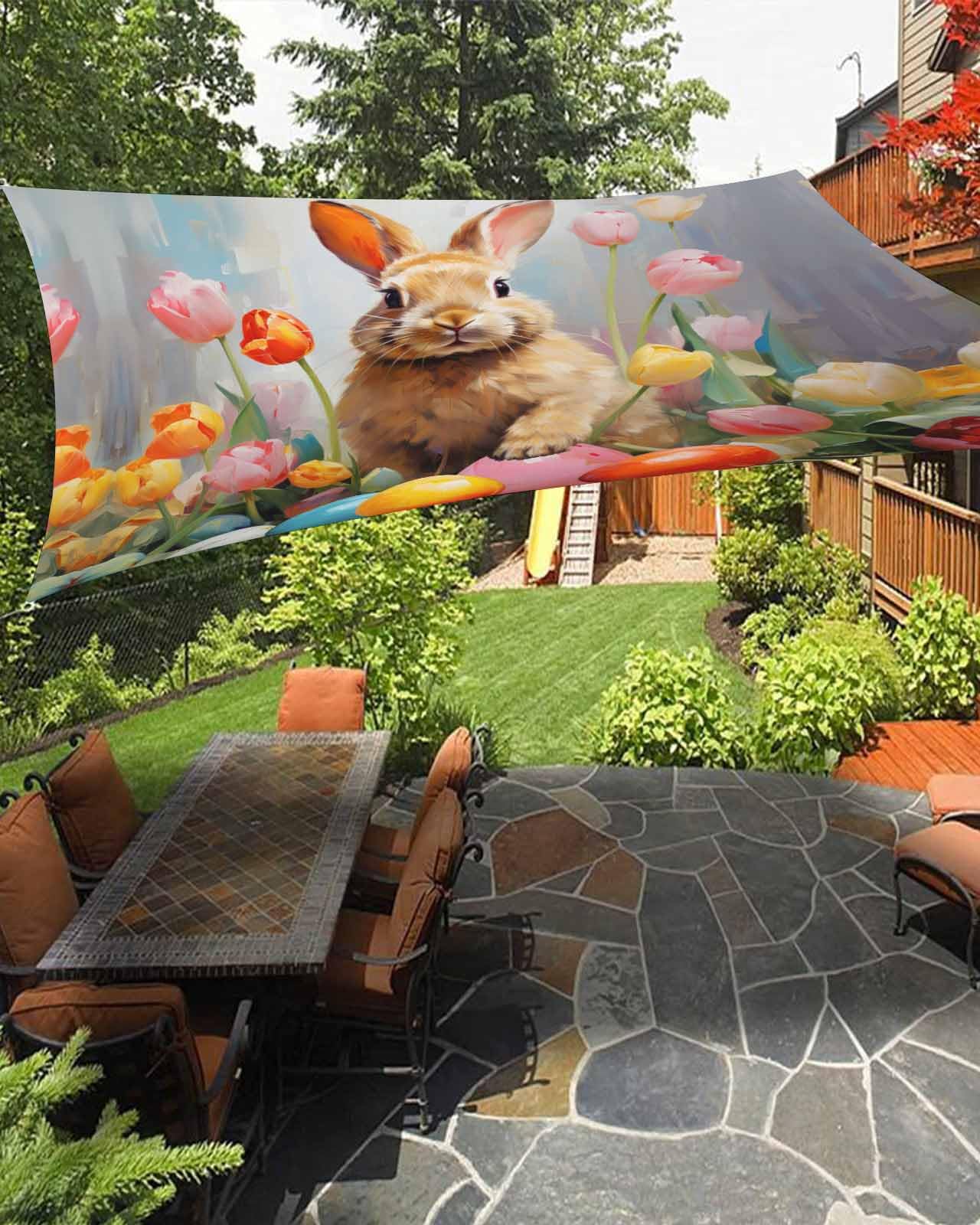 Boanket Sun Shade Sail 14' x 18', Watercolor Easter Large Heavy Duty Outdoor Shades Sun Screen, Colorful Spring Floral Bunny Eggs Shade Cloth for Patio Deck Terrace Garden Lawns Beach Backyard