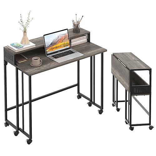 Gezen Folding Desk with Storage Shelf, Small Rolling Desk with