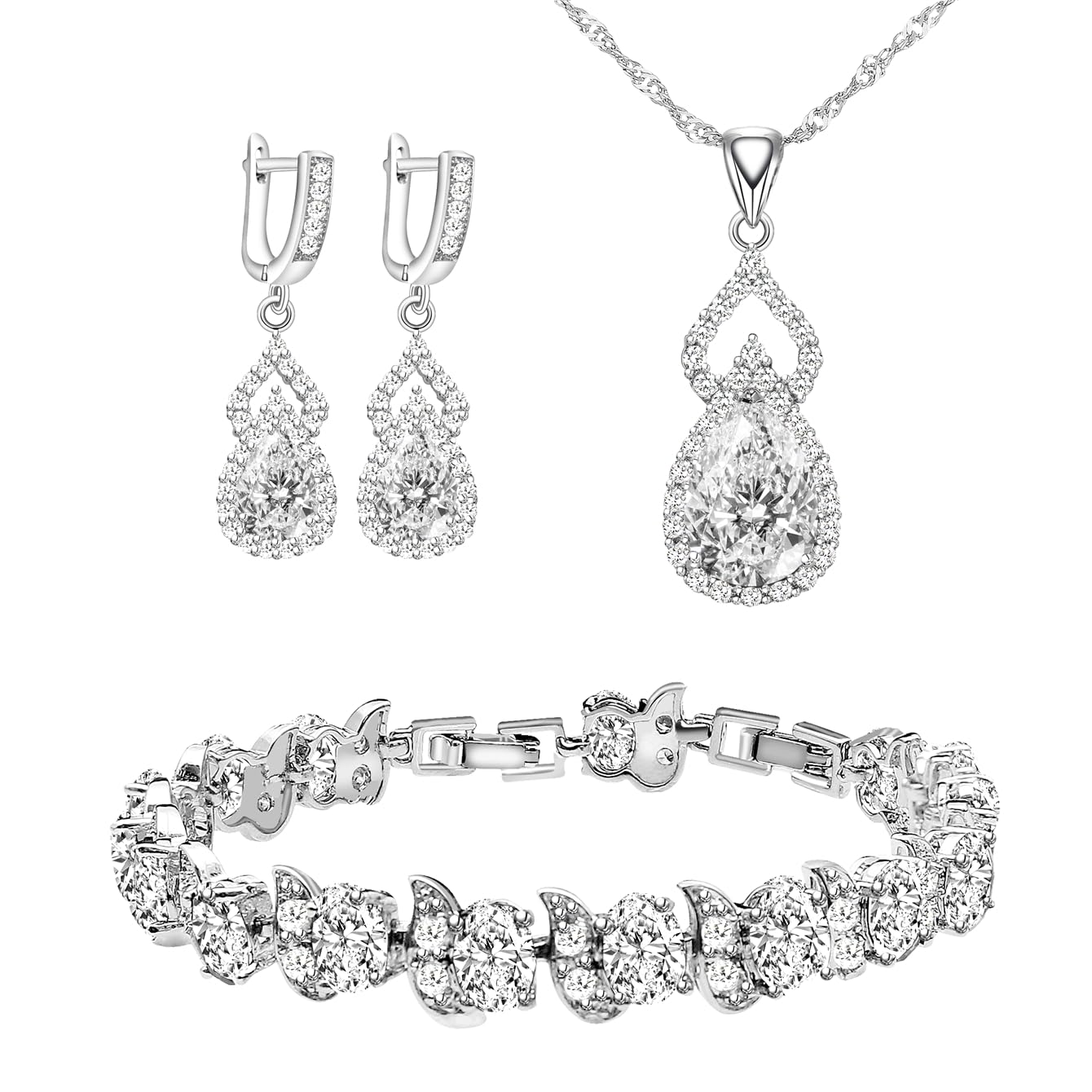 LMXXVJWomen Jewelry Set Platinum Plated Necklace Open Ring Earrings Bracelet Set,Birthday/Anniversary Mother’s Day Jewelry Gifts for Mom/Wife/Sister/Best Friend