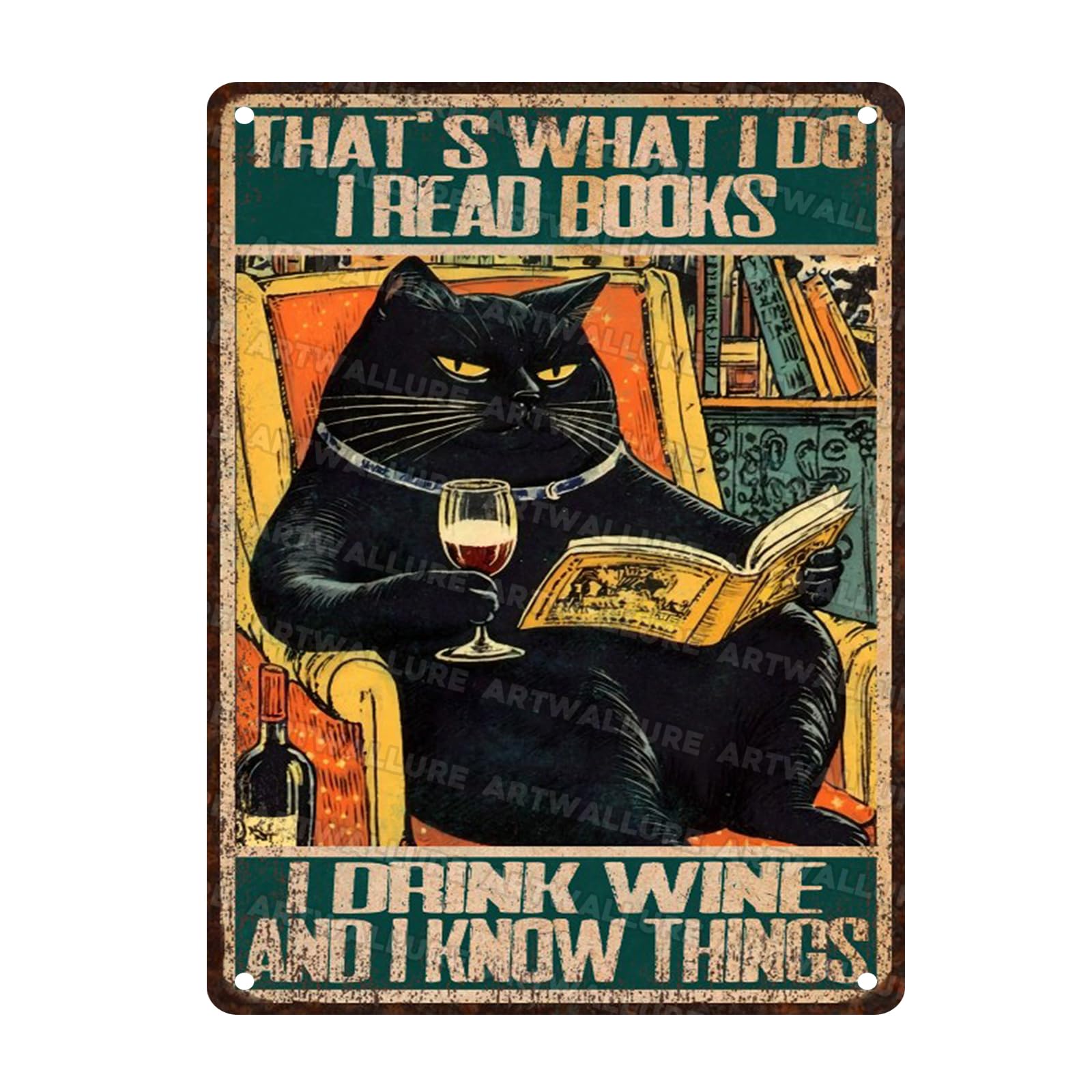 Cat Vintage Sign Funny Reading Book Metal Sign Cat Drinking Wine Sign Wall Decor for Home Home Decor 12x16inch