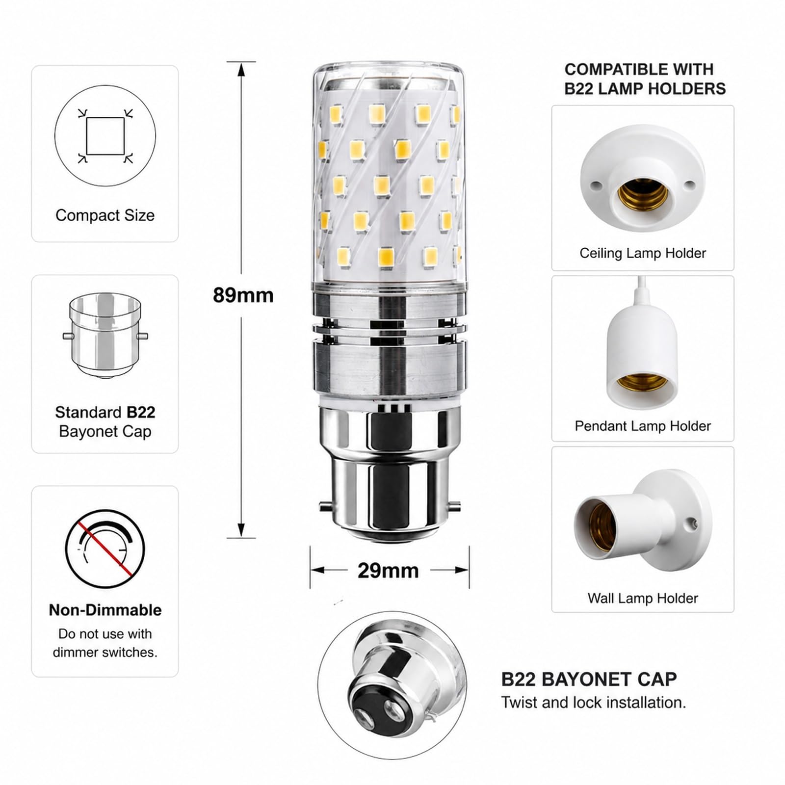 Ampoule LED Mais Culot Baïonnette B22 12W Equivalent 120W Non Dimmable Sans Scintillement IRC 80+ Economie D Energie Longue Duree Pour Chambre Salon Cuisine(Cool White 6000K,5 Pack)