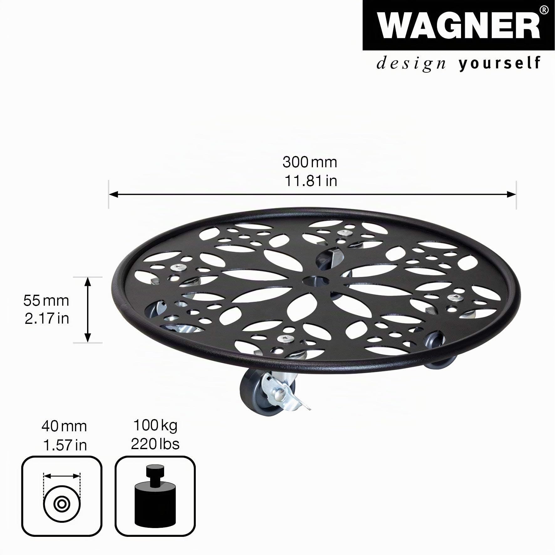 WAGNER Support à roulettes pour pot de fleur ÉDITION NOIRE Ø 30 x 6,5 cm I Roule pot I intérieur + extérieur I Support roulant en acier, revêtement noir, 2 freins I Capacité de charge 60 kg - 20093601