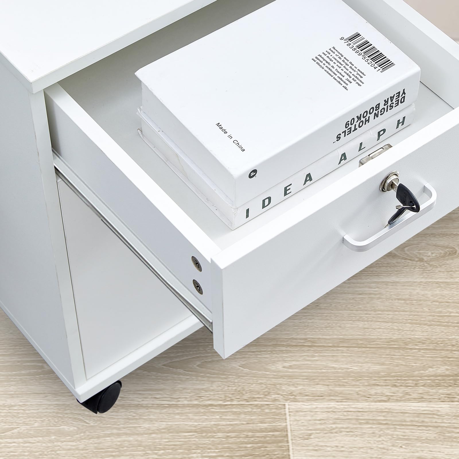 CLIPOP Rollcontainer Abschließbare Aktenschrank Holz mit Schublade und Geschlossenem Speicher,Mobile Unter Schreibtisch Schrank für A4 Papier und Aktenordner,Weiß