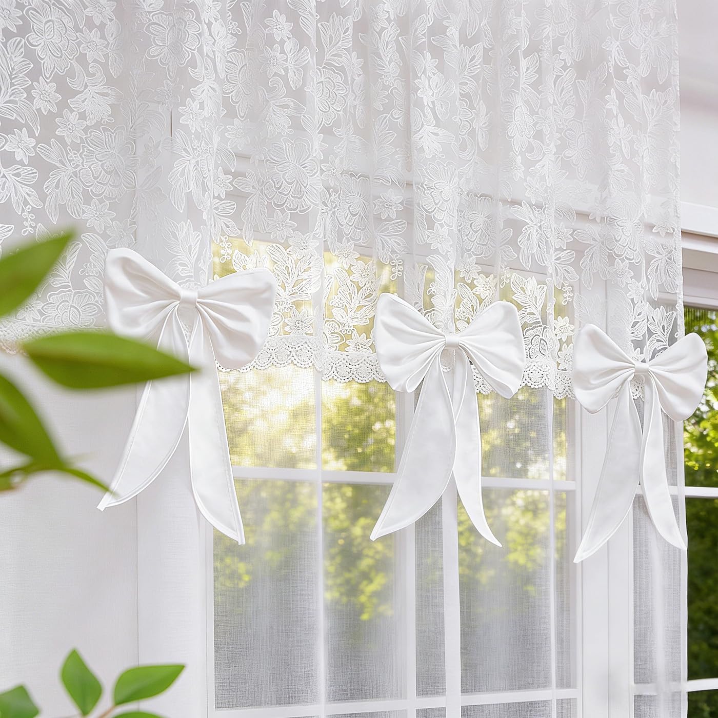 White Sheer Curtain 84 Inch Length Embroidered Lace Floral, Detachable Bow Voile Window Treatment Rod Pocket Draperies for Bedroom and Living Room 52" x 84", Set of 2 Panels