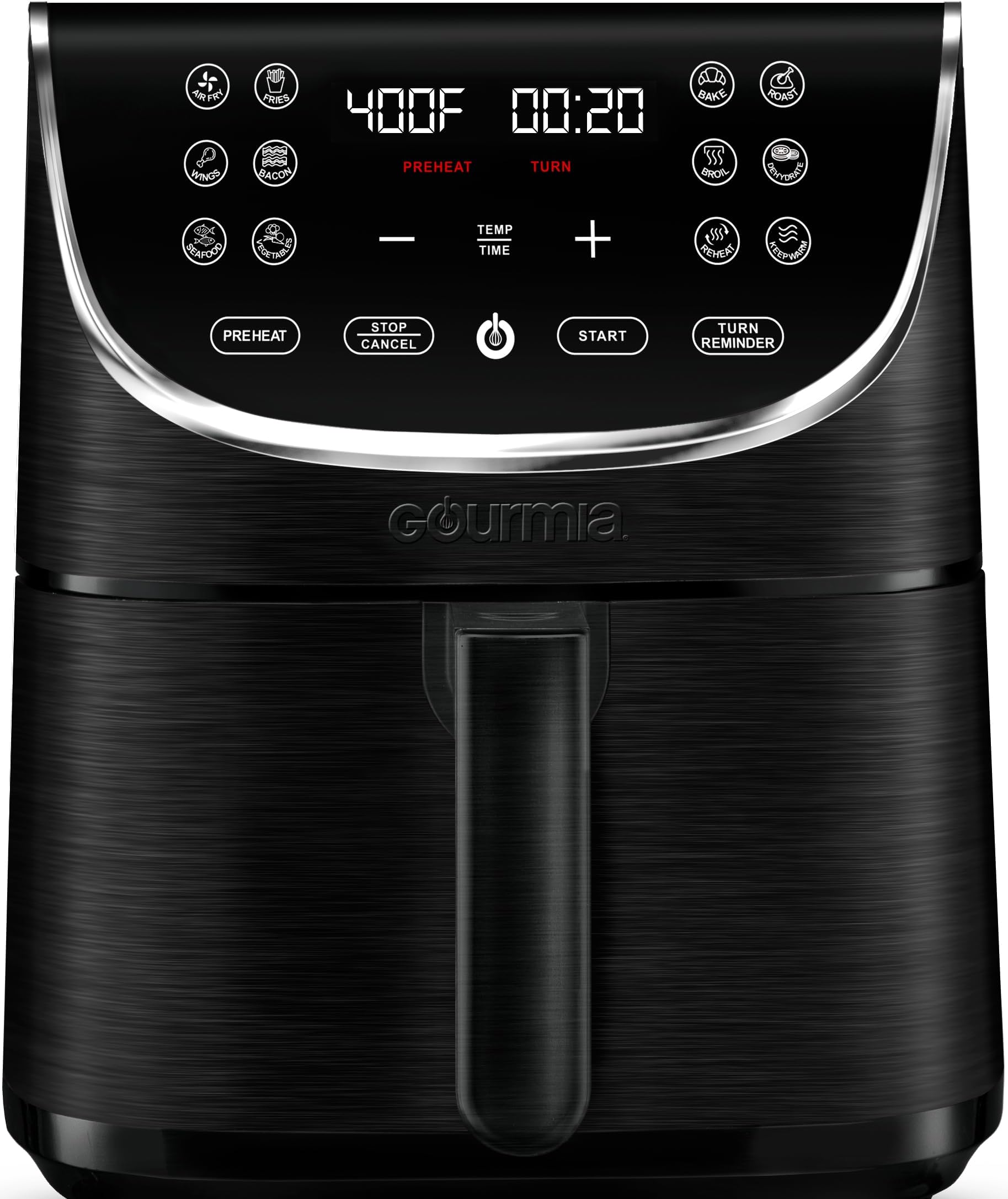 Gourmia Air Fryer Oven Digital Display 7 Quart Large AirFryer Cooker 12 Touch Cooking Presets, XL Air Fryer Basket 1700w Power Multifunction GAF716 Black and Stainless Steel Accents FRY FORCE 360°