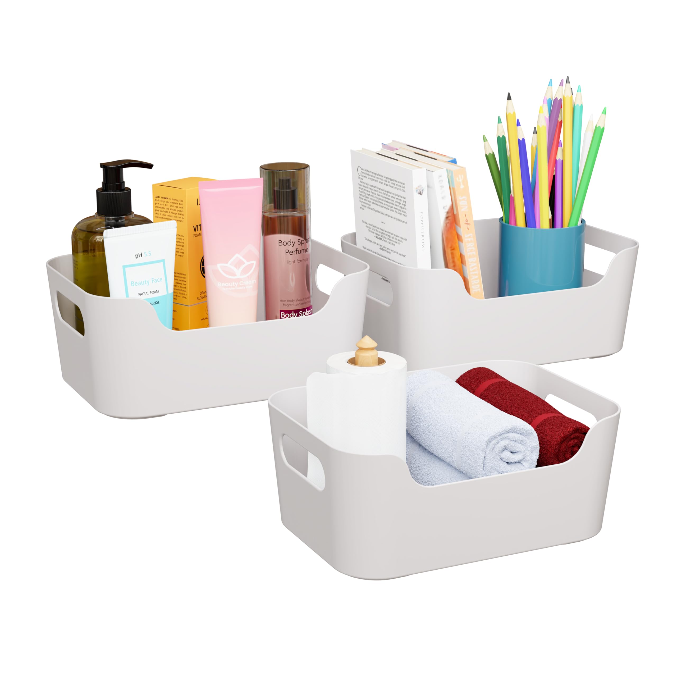 TEX-RO Storage Box and Organiser | Storage Organiser | Organizer Storage Box for Home & Kitchen | Durable Storage Basket & Plastic Basket for Storage (Pack of 3, White)