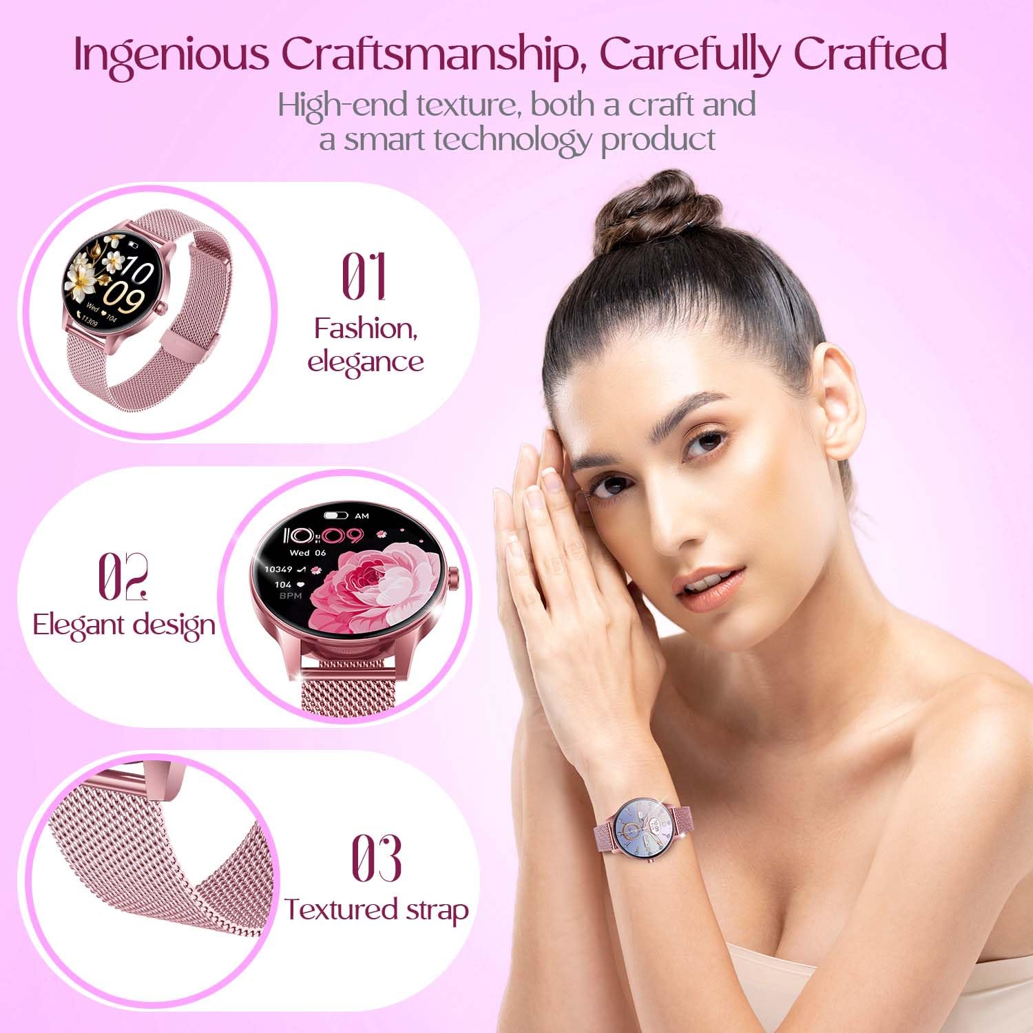 Smartwatch Donna Orologio Chiamate Bluetooth: 1,27" Tondo Touch Orologi Smart Watch da Impermeabile Sport Fitness Contapassi Cardiofrequenzimetro Pressione Caloriec Rosa Polso per Android iOS Telefono