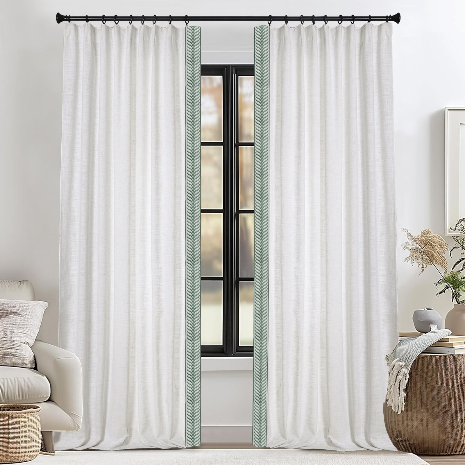 DotheDrape Blackout Linen Curtains, Green V Tape Trim Drapes for Bedroom, Living Room, 40 Width 90 Inch Long, Beige White, 1 Set