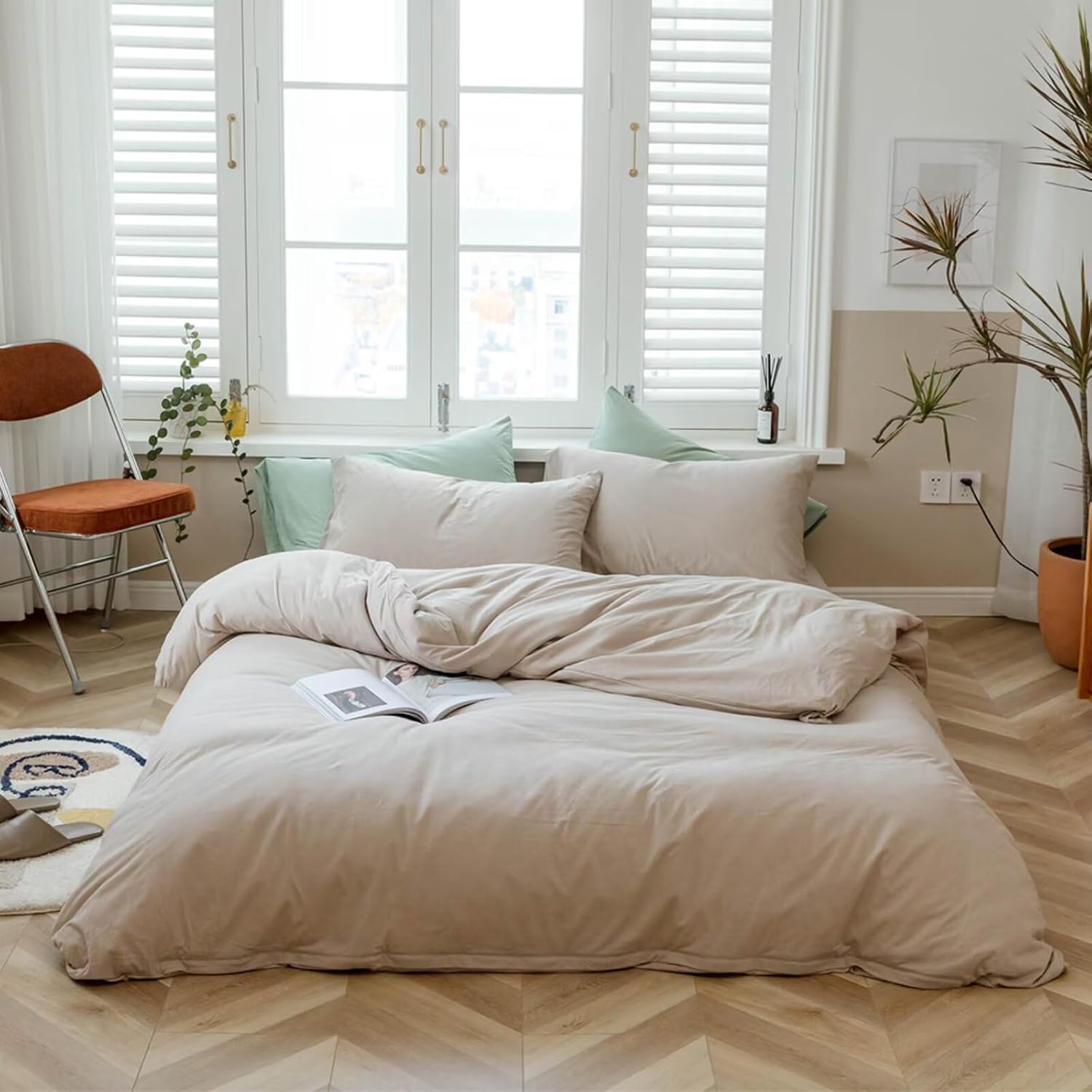 Soft Breathable Cotton Duvet Cover 3 Pieces(1 Duvet Cover and 2 Pillowcases) for All Season,Jersey Knit T-Shirt Cotton Simple Style Bedding Set 100% Quilt Covers Linen 104"X90"