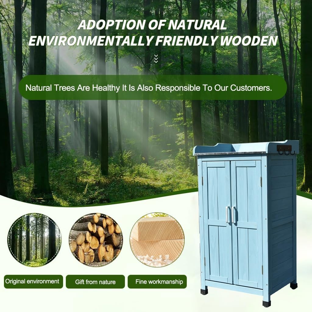 Garden Potting Bench Table - Outdoor Garden Patio Wooden Storage Cabinet & Planting Work Bench with Large Space Storage & Galvanized Desktop(Blue)