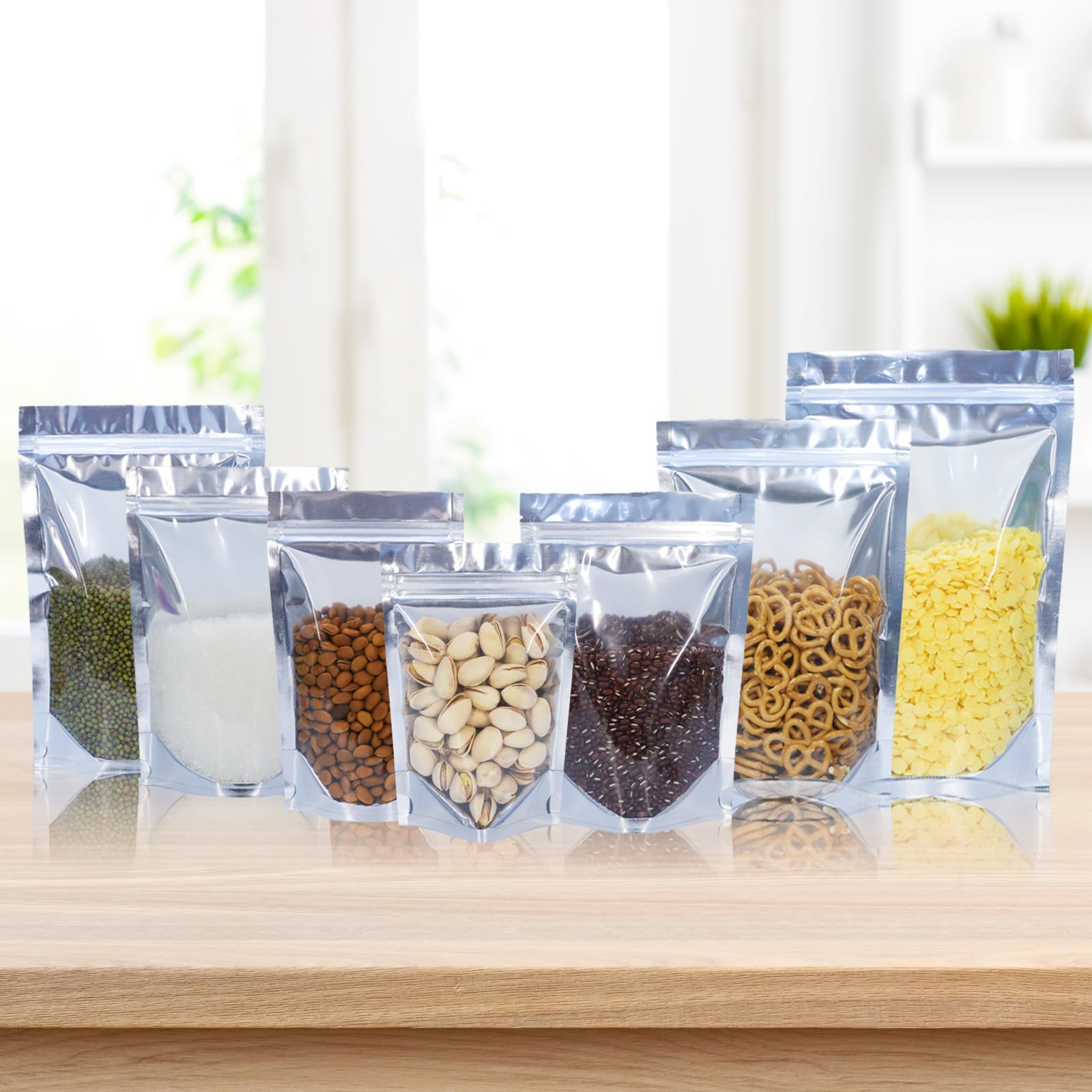 Confezione da 100 sacchetti in Mylar per la conservazione degli alimenti, richiudibili, in alluminio, trasparenti, con finestra frontale, 20 x 30 cm, riutilizzabili, con chiusura a cerniera, sacchetti