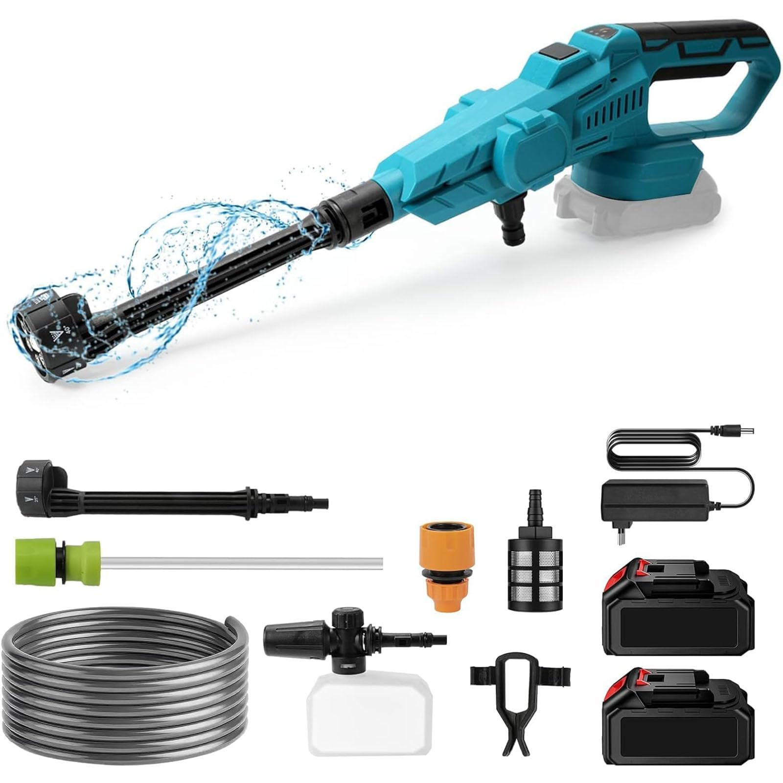 Hidrolimpiadora sin Cable | 18V 120Bar Limpiadoras a presión exterior | Pistola de lavado de alta presión, Pulverizador de Espum, 2 batería,6 en 1 Boquilla,5m Manguera,para Coche,Suelo,jardín