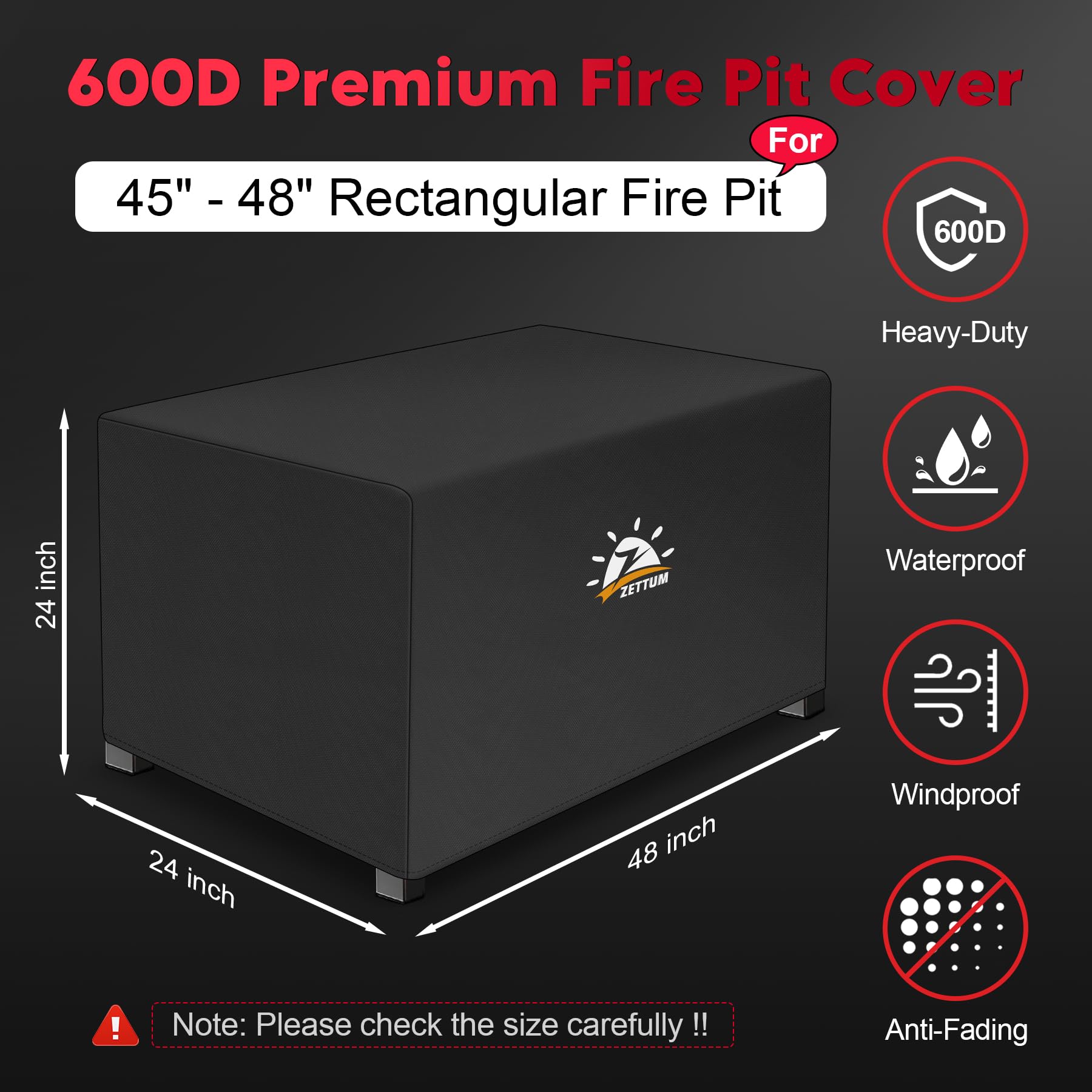 Fire Pit Cover Rectangular 48 Inch - Outdoor Fire Table Cover Rectangle Heavy Duty & Waterproof, 600D Patio Propane Gas Firepit Cover Rectangular Fade & Weather Resistant - 48 x 24 x 24 Inch