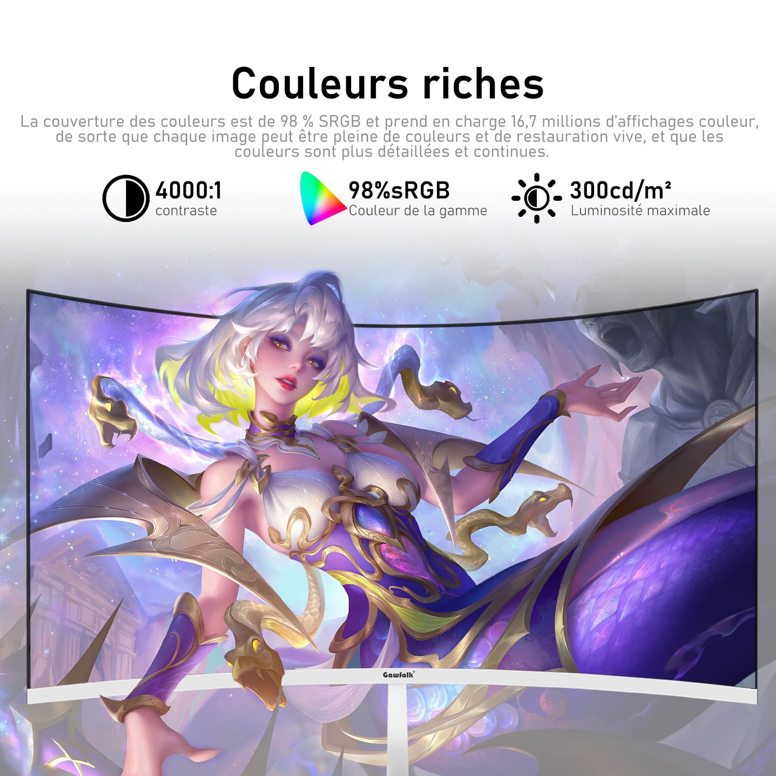 Gawfolk 27 Inch Curved 180Hz Gaming Computer Monitor, 1800R, 1ms, FHD 1080p, 178° Wide Angle, Built-in Speaker, HDMI、DisplayPort, Compatible with Wall Mount, 100 x 100 mm, White - 5