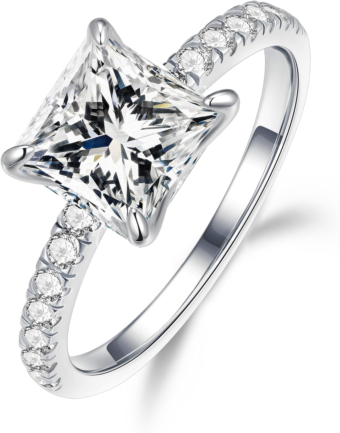 MOOSEA 2ct Princess Cut Moissanite Engagement Rings for Women, 925 Sterling Silver 14K White Gold Plated Jewelry Anniversary Birthday Gifts Wife Jewelry Moissanite Ring