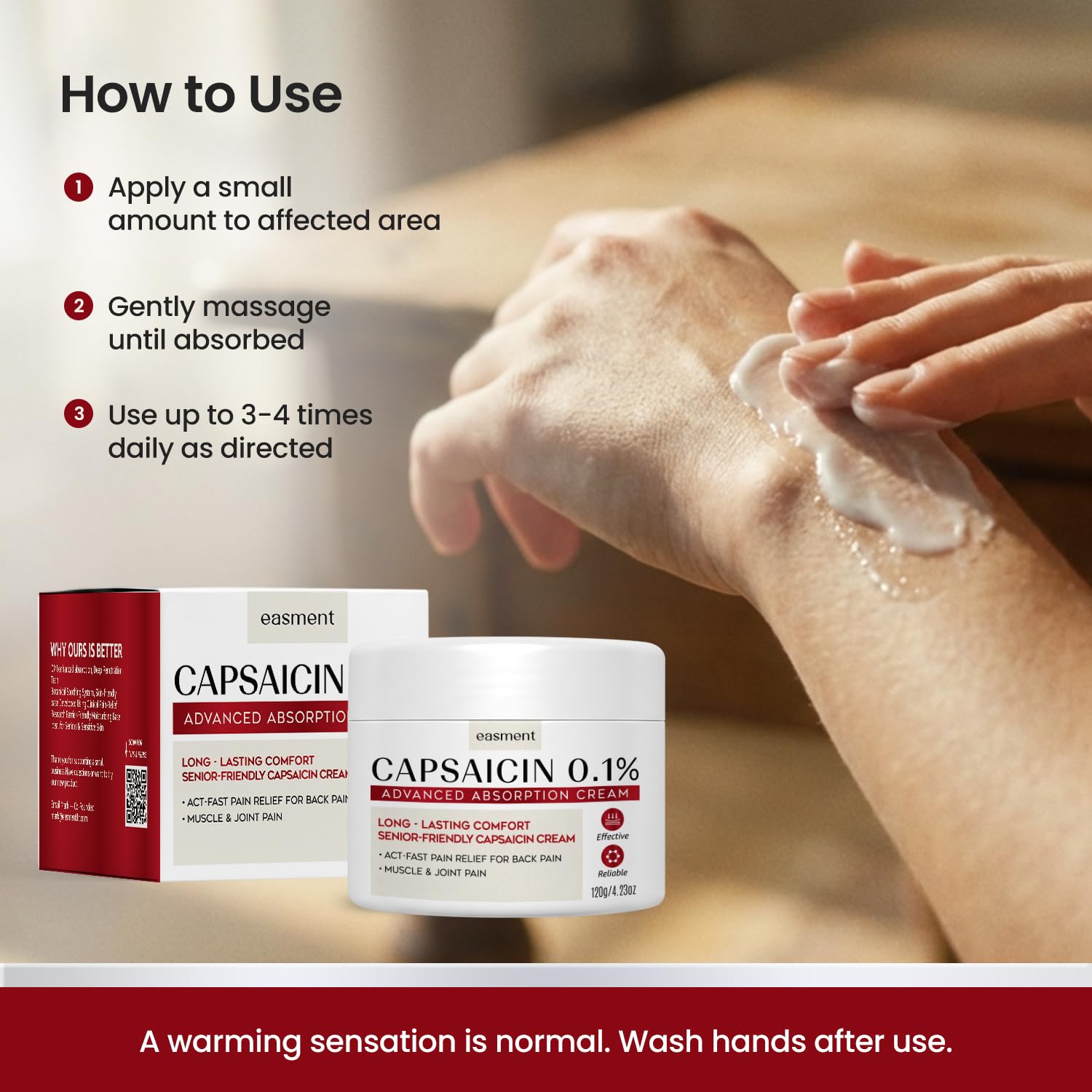 Capsaicin Pain Relief Cream – Topical & Muscle Pain Relief for Joint, Nerve & Back Pain – Medicated Pain Cream with Capsaicin 0.1% – Arnica, Aloe & Chamomile, 4.23 Fl Oz — Amazon image 6