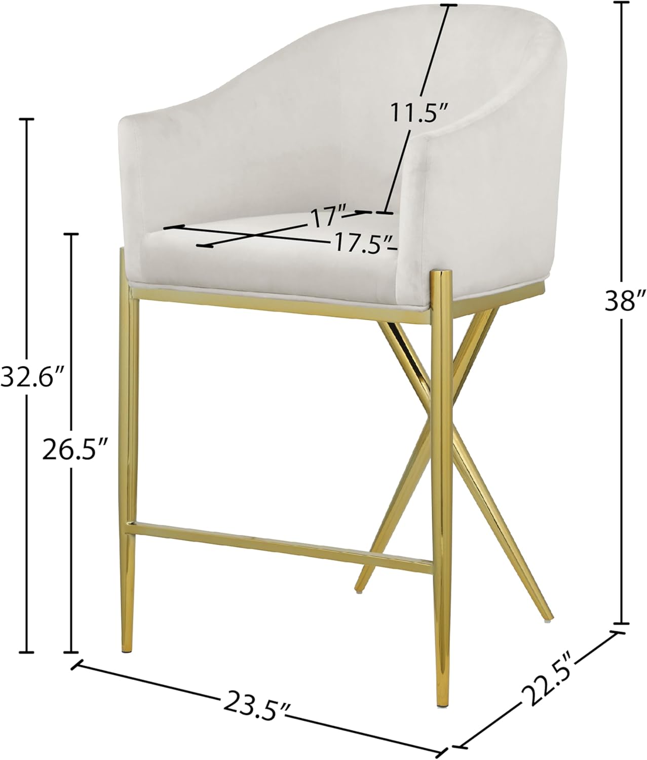 Meridian Furniture 867Cream-C Xavier Collection Velvet Upholstered Counter Stool with Sturdy Gold Metal Legs, Cream, 23.5" W x 22.5" D x 38" H
