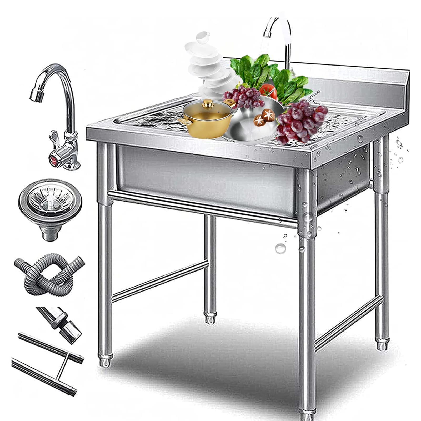 YNIYUJKL Stainless Steel Kitchen Sink Freestanding Single Bowl Utility Sink With Faucet For Indoor/Outdoor Use Perfect For Laundry Garden And Handwashing,50cm