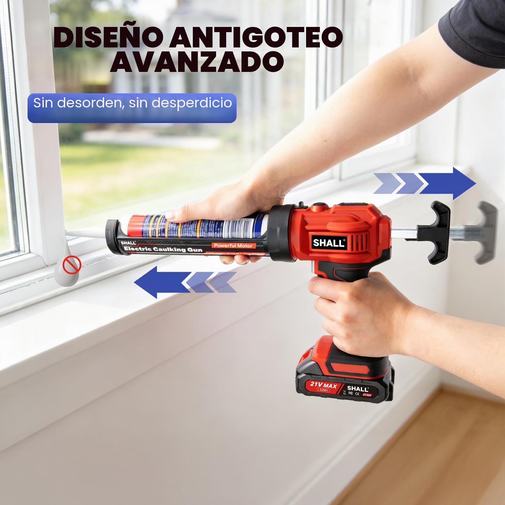 SHALL Pistola de calafateo eléctrica de 21 V,Luz LED, 4 velocidades ajustables, diseño antigoteo, se adapta a cartuchos de 300 ml para sellar y llenar