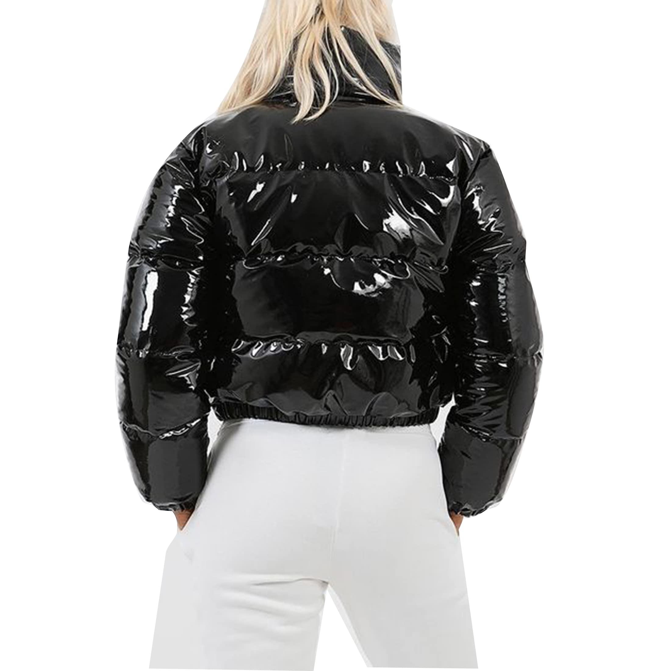AMEBELLE Women Winter Warm Stand Collar Slim Fit Cropped Puffer Down Jacket Coats (Black, Large)