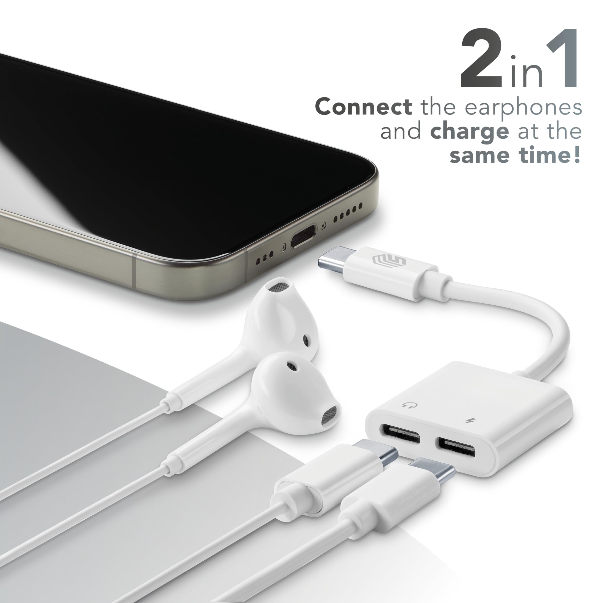 Music Sound - Music & Charge Usb-c/Usb-c - Adapter Aux-Split - Ładowanie smartfona i słuchanie ulubionej muzyki - Ładowanie 60 W - Długość kabla 10 cm - Biały