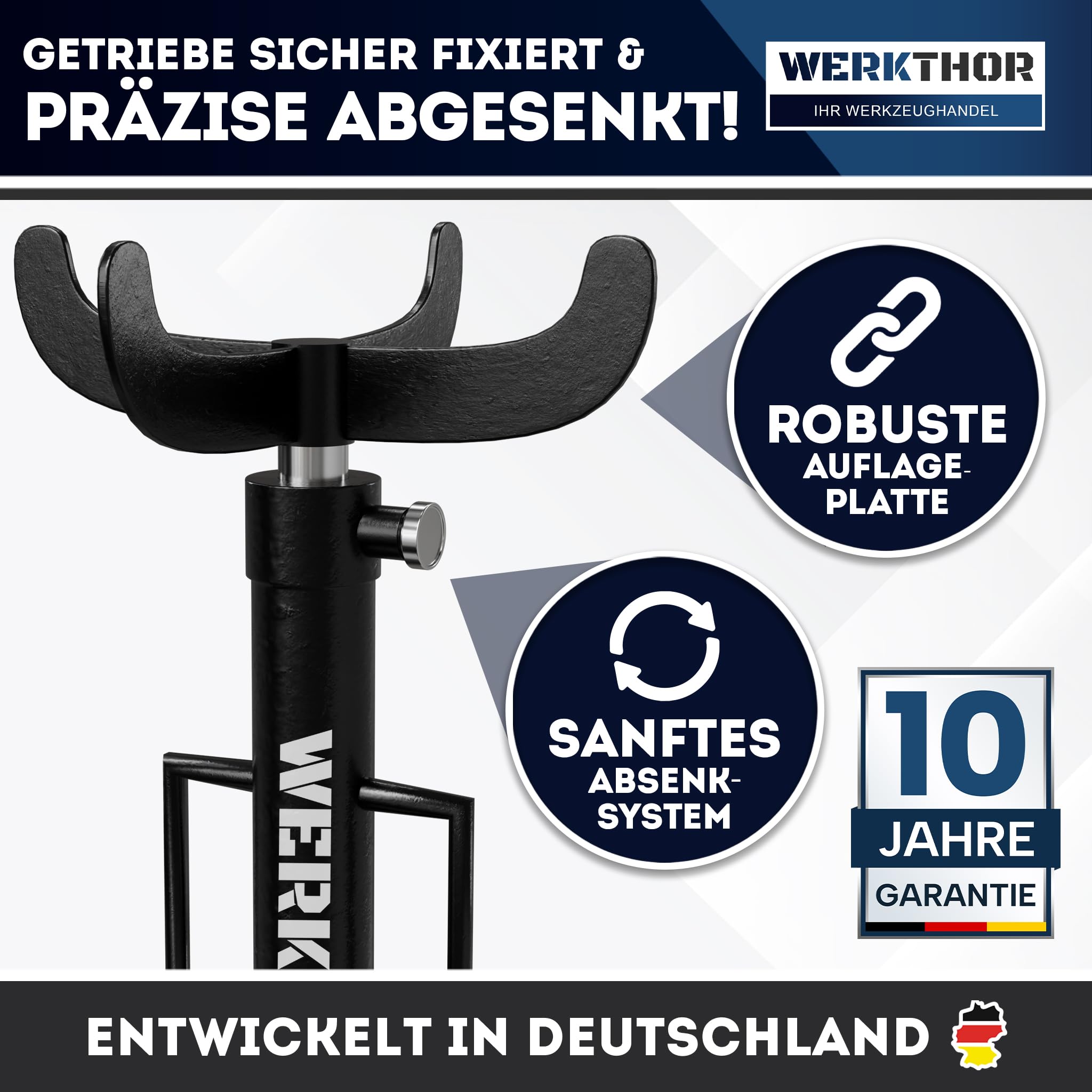 WERKTHOR Getriebeheber 500kg hydraulisch & verstellbar 105-185 cm – Motorheber Faulenzer für Werkstatt – Getriebeheber kfz rollbar mit 4 Lenkrollen & Fußpedal – Auto Heber Schwarz