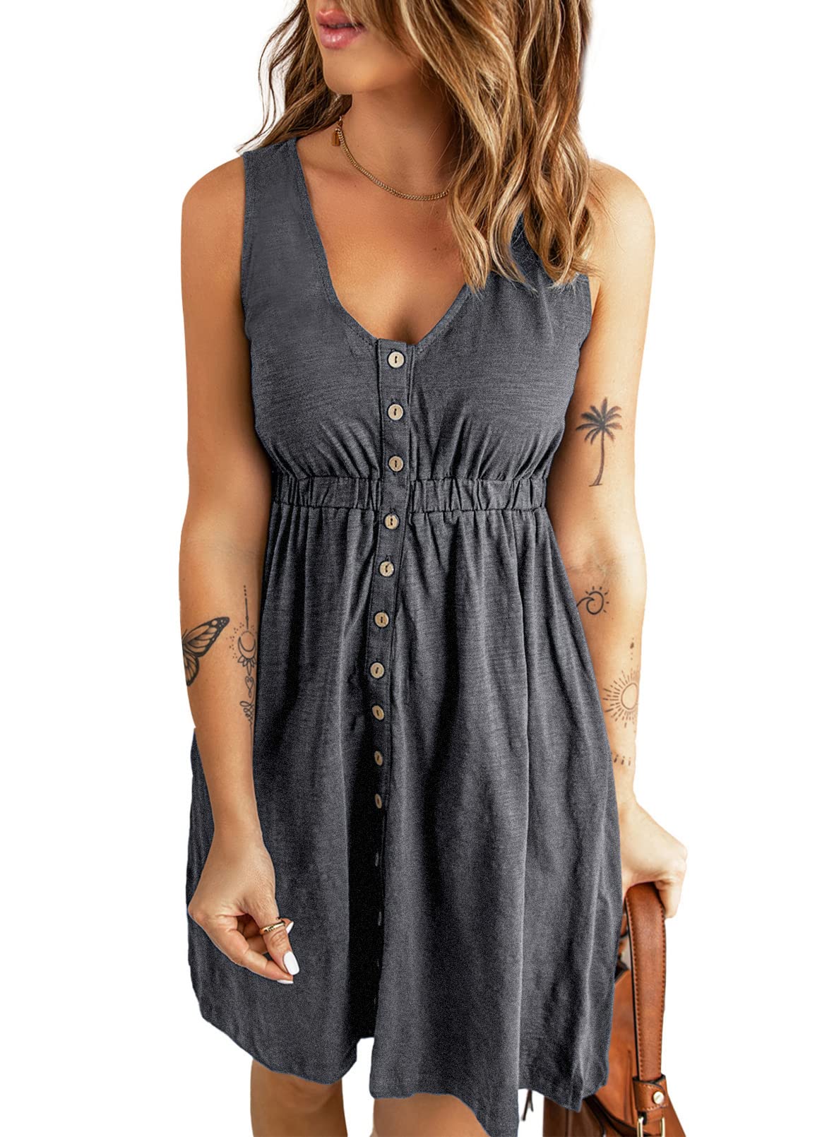 BTFBM Women Sleeveless Summer Dress Crewneck Ribbed Knit High Waist Cute Ruffle Swing Flowy Beach Sun Mini Tank Short Dresses - Buttons Grey Small