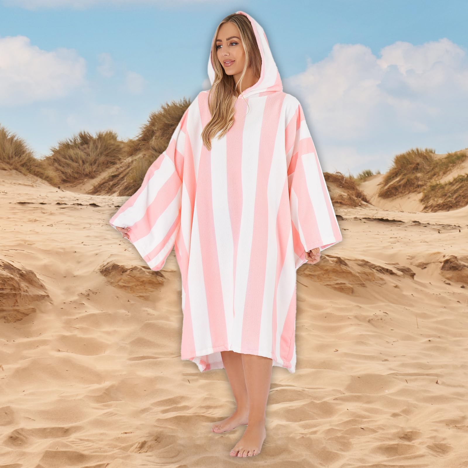 DREAMSCENE Handtuch Poncho Erwachsene Gestreiftes mit Kapuze, saugfähig, Badeponcho Herren Mikrofaser, schnell trocknend, Damen Wickelmantel, Surf Poncho Einheitsgröße Rosa
