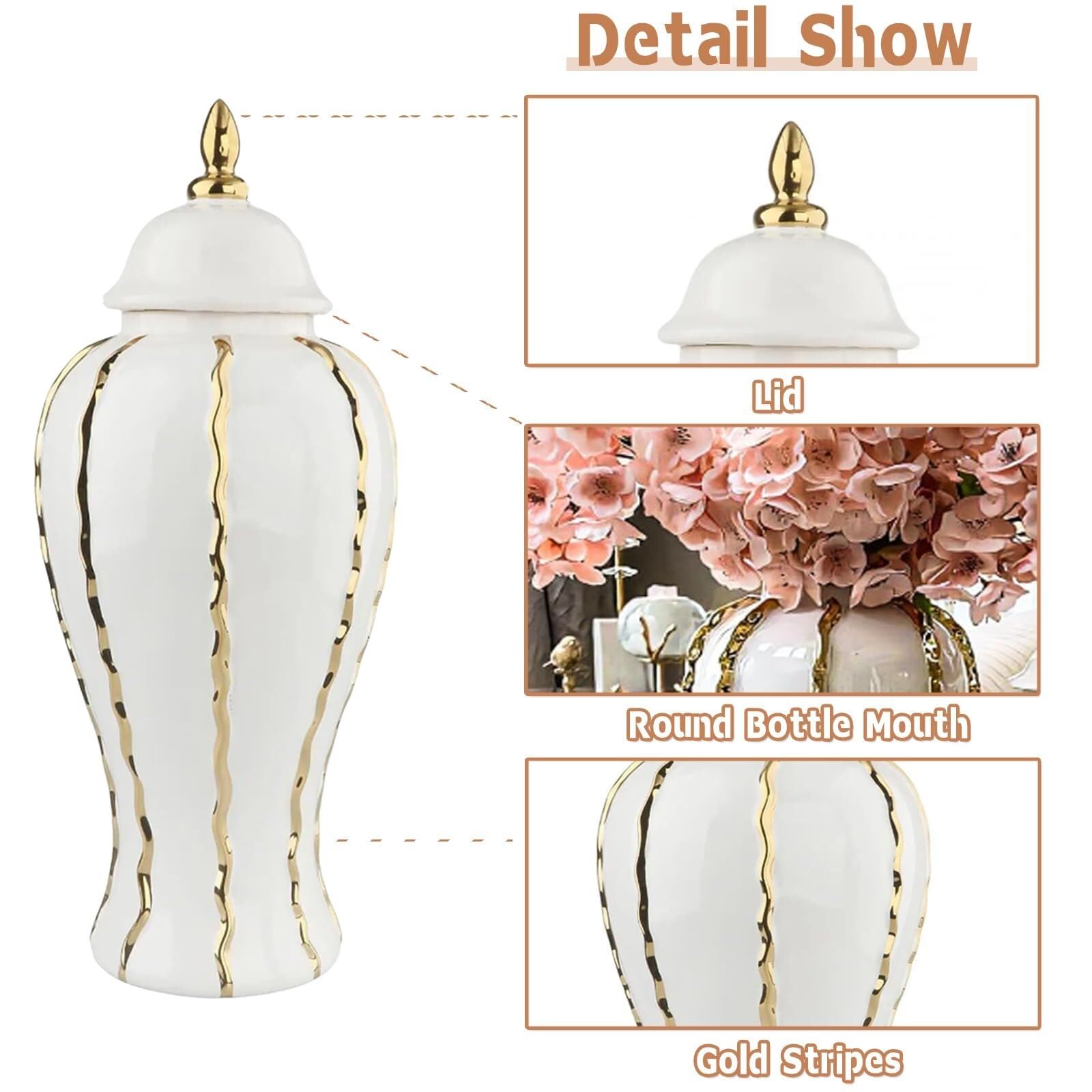 Ceramiczny biały wazon na imbir w złote linie, europejski wazon na imbir, dekoracja do domu, ręcznie robiony wazon na imbir w stylu chinoiserie z pokrywką, 14 cali, idealny na wesela i do do