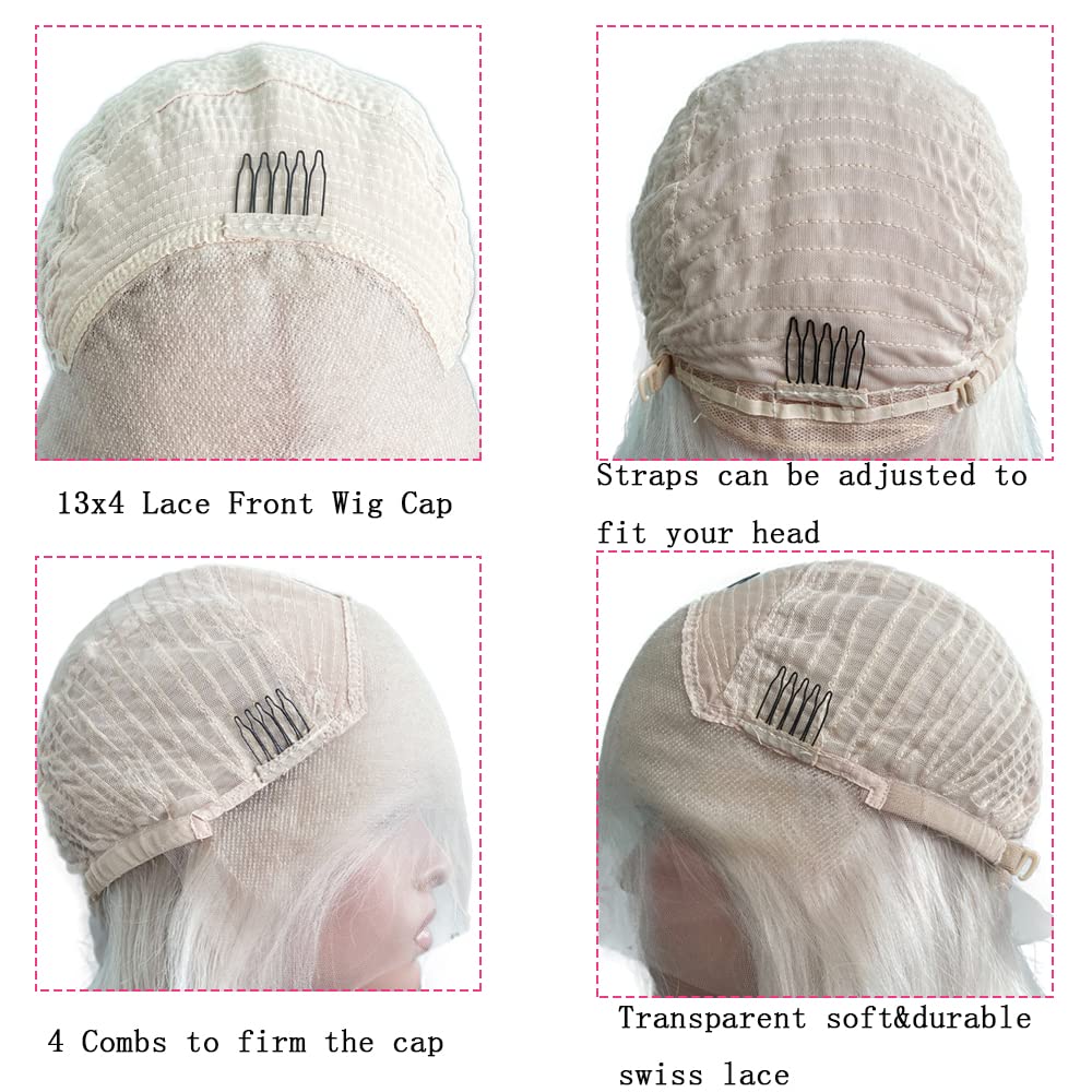 Short Bob Lace Front Wigs Ash White 60# Platinum Blonde Human Hair HD Transparent 13x4 Lace Wigs for White Women 150% Density Pre Plucked Natural Hairline Glueless Brazilian Hair Wig 14Inch Free part