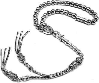 ALBATROSART Antique Silver Plated Collection - 33 Worry Beads Prayer Tesbih Tasbih Tasbeeh Misbaha Masbaha Subha Sebha Sibha Rosary (Stainless Steel With Minaret-6 mm Small Beads)