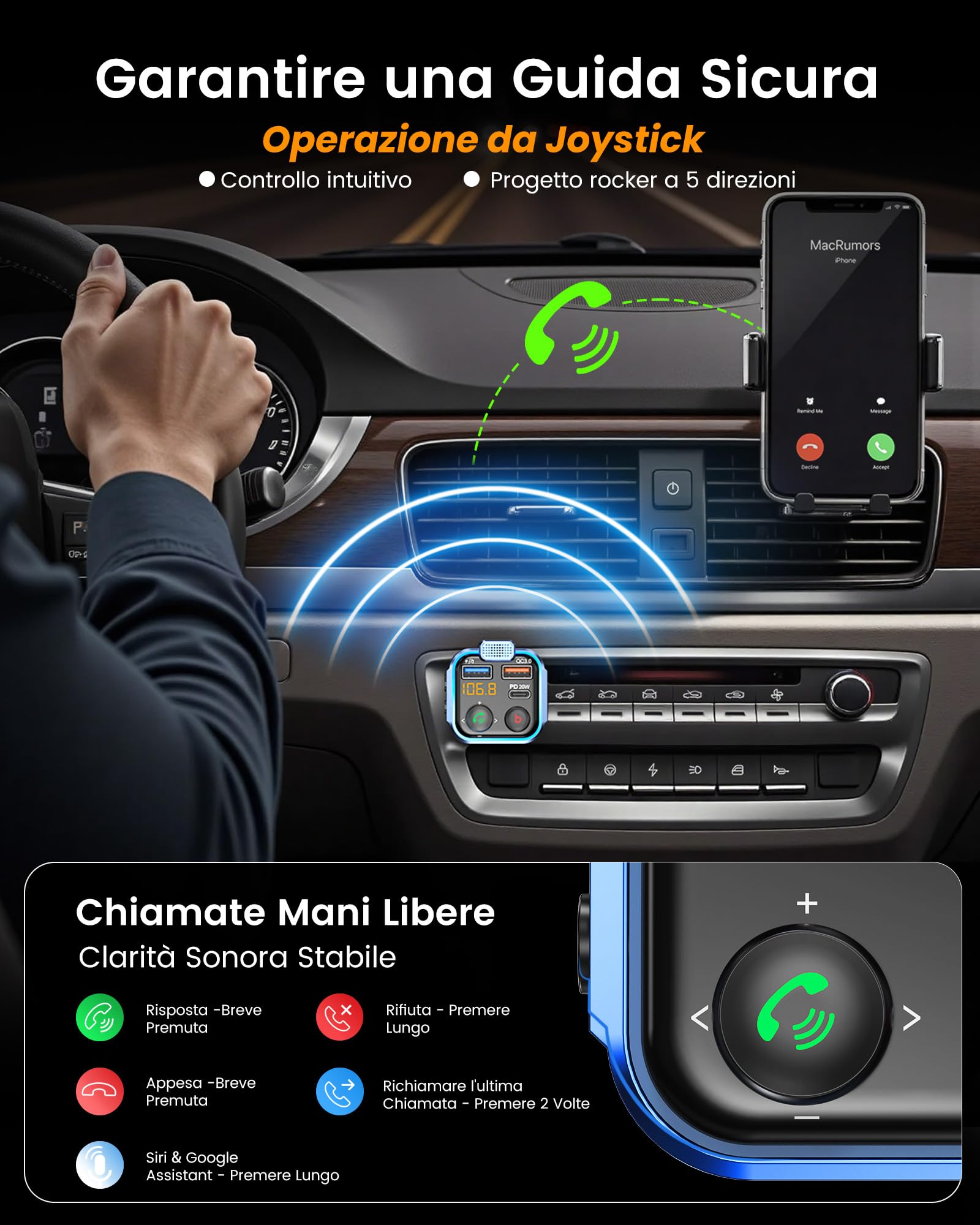 LENCENT Trasmettitore Bluetooth 5.0 per Auto, Musica Bluetooth Auto con Bassi Profondi e Suono Hi-Fi lossless, Ricarica Rapida Tipo-C PD 20W e QC3.0, Supporto Disco U-Luce Blu Sfumata