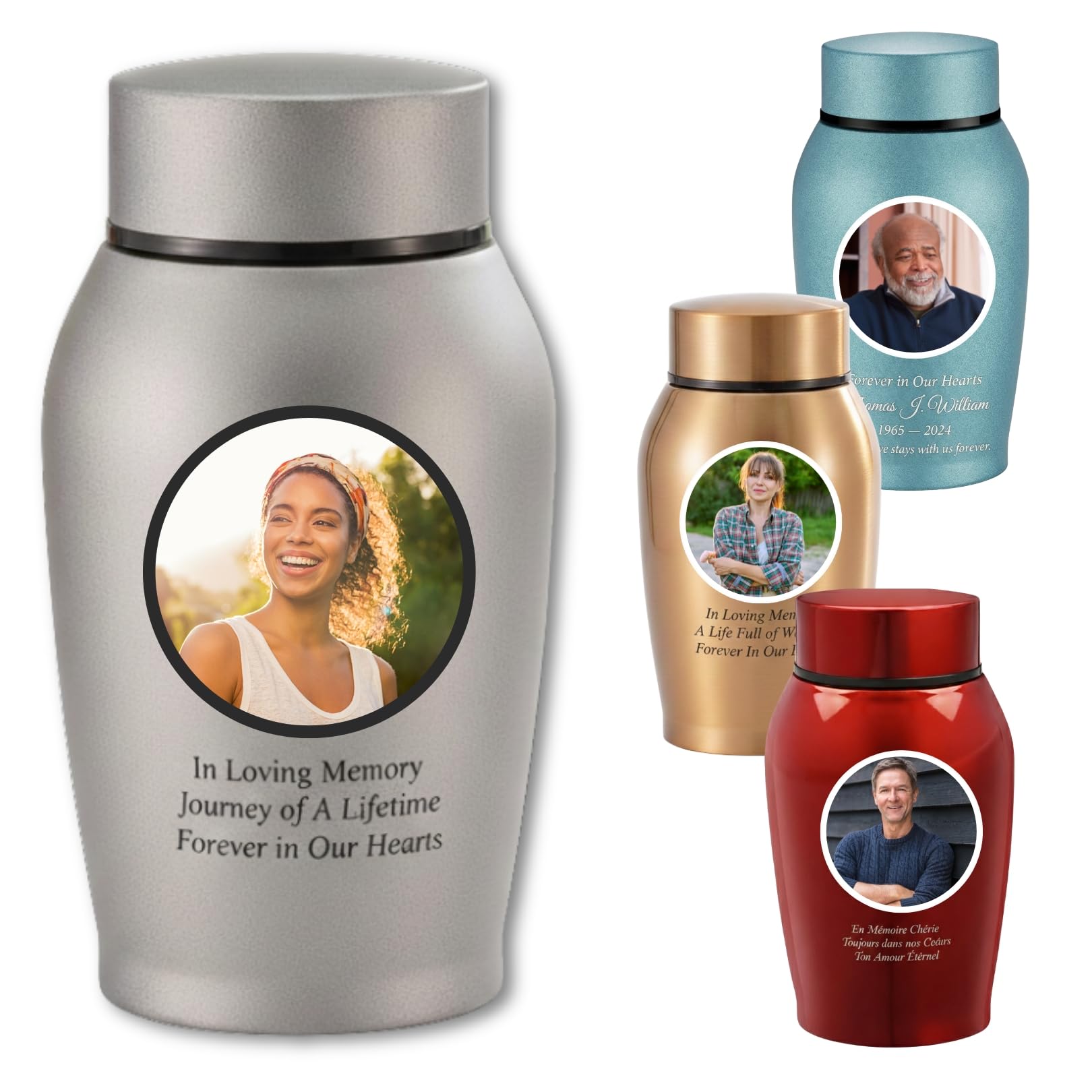Personalized Titanium Steel Keepsake Cremation Urn for Human Ashes | Custom Color Portrait & Crystal Raised Lettering | Handcrafted Small Memorial Urn (1, Silver)