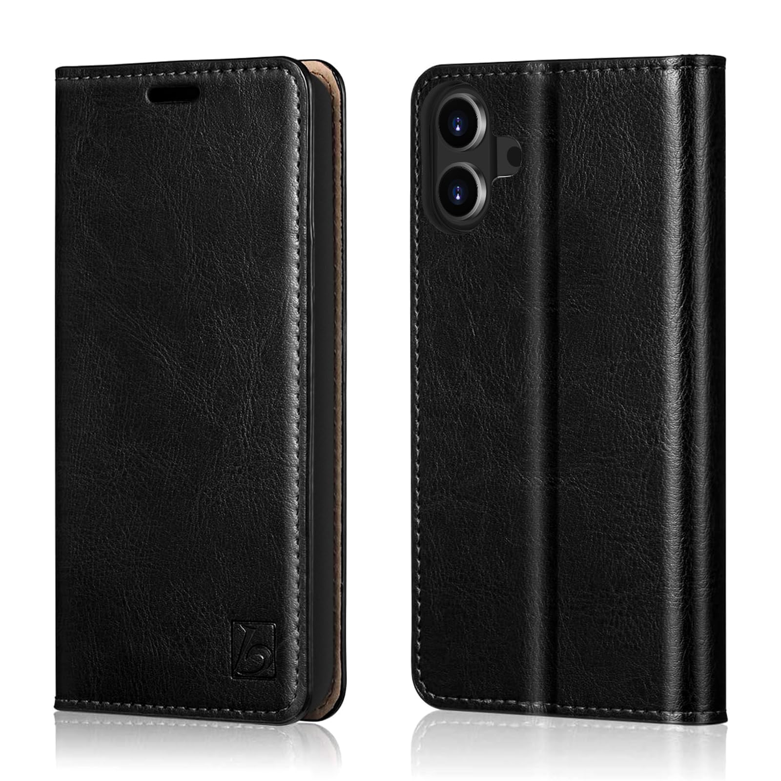 Belemay Compatible with iPhone 16 Case Wallet, Durable Genuine Leather, RFID Blocking Card Holders, Shockproof TPU Shell, Kickstand, Drop Protection,