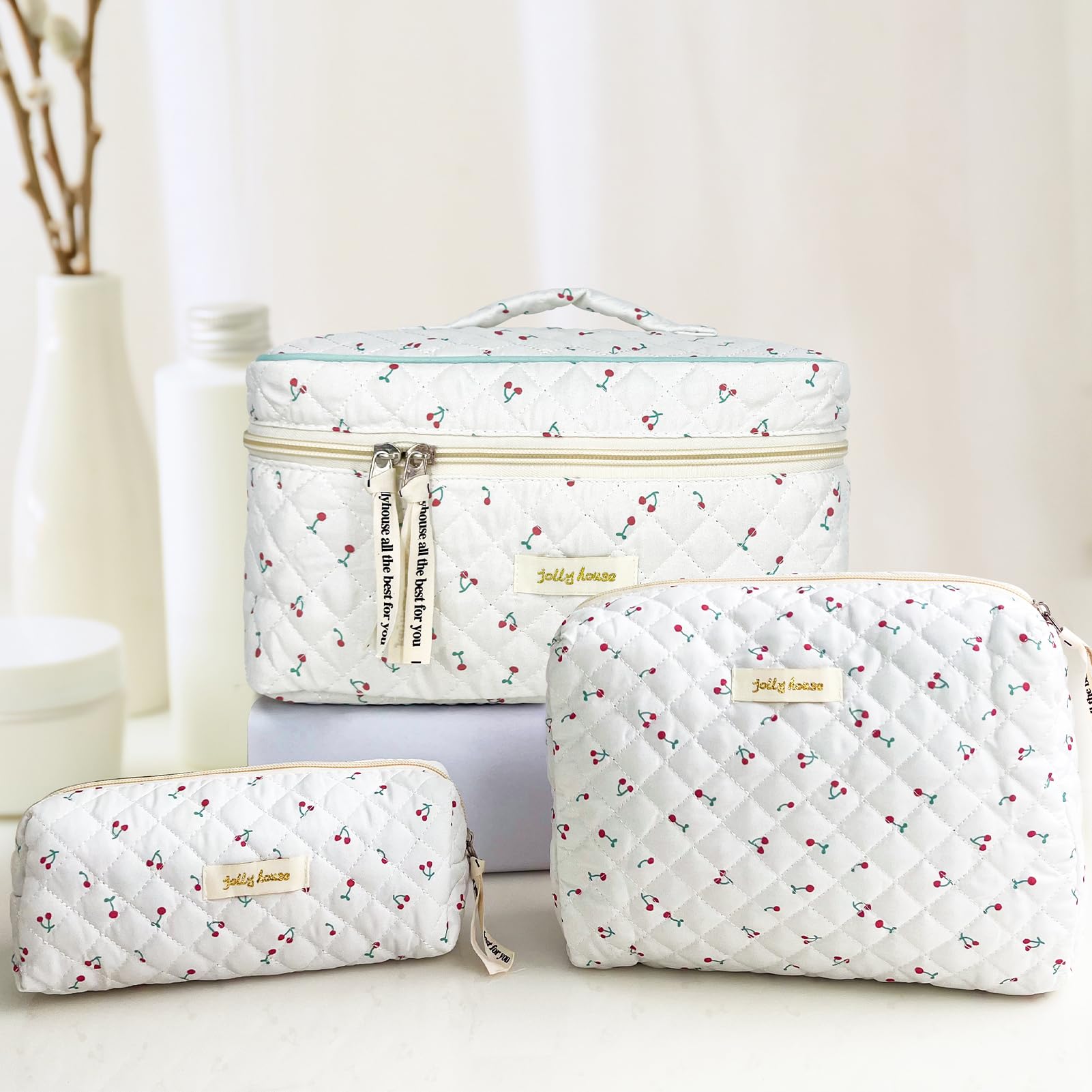 TOPALL Floral Cotton Quilted Cosmetic Bag - Classic Toiletry Pouch for Women & Girls - Cherry 2PCS (Large+Medium) - Image 3