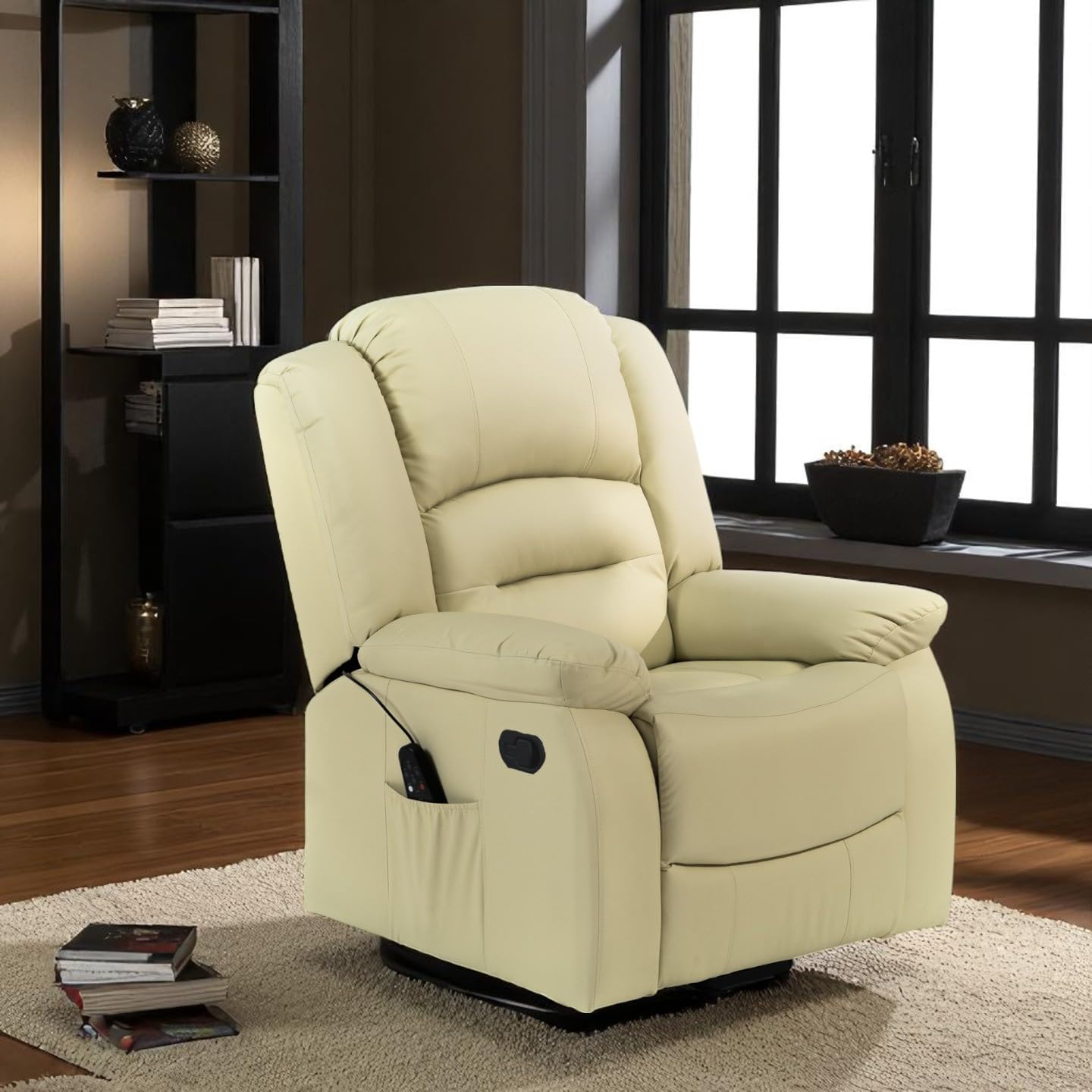 ECODE® Poltrona Relax Reclinabile Manuale Massaggiante e Riscaldante con Poggiapiedi – Offerta Poltrona-Letto Comoda Per Anziani da Interno Casa, Soggiorno, Salotto o Ufficio in Ecopelle Beige