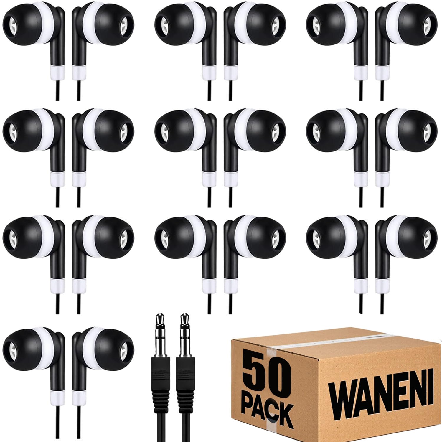 Waneni Wholesale Bulk Earbuds Headphones 50 Pack Class Set for School Classroom Students Kids Children Toddler Boys Girls Teen Adults(Black,50 Pack)
