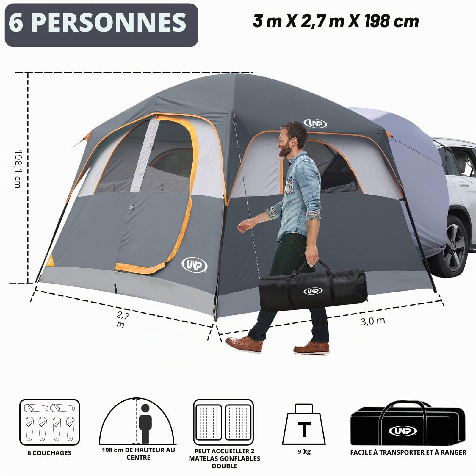 UNP Tente SUV pour Camping, 6 Personnes, Tente de hayon pour extérieur, Tent Facile à Installer avec Pare-Pluie, 3 x 2,7 x 2 m