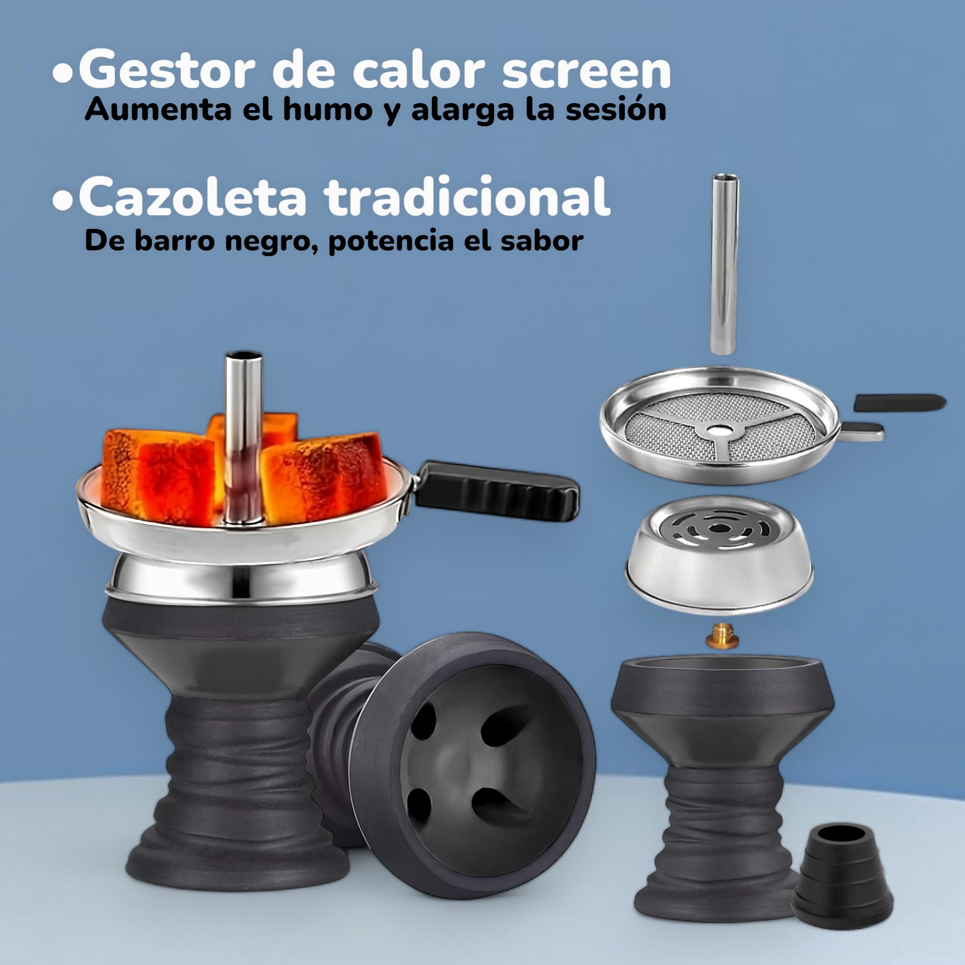 Cachimba Shisha Completa 50 cm con Maletín y Difusor Ajustable – Base Cristal Tallada, Cazoleta de Barro Negro y Plato Grabado a laser | Cachimba Halofire Geisha Negra