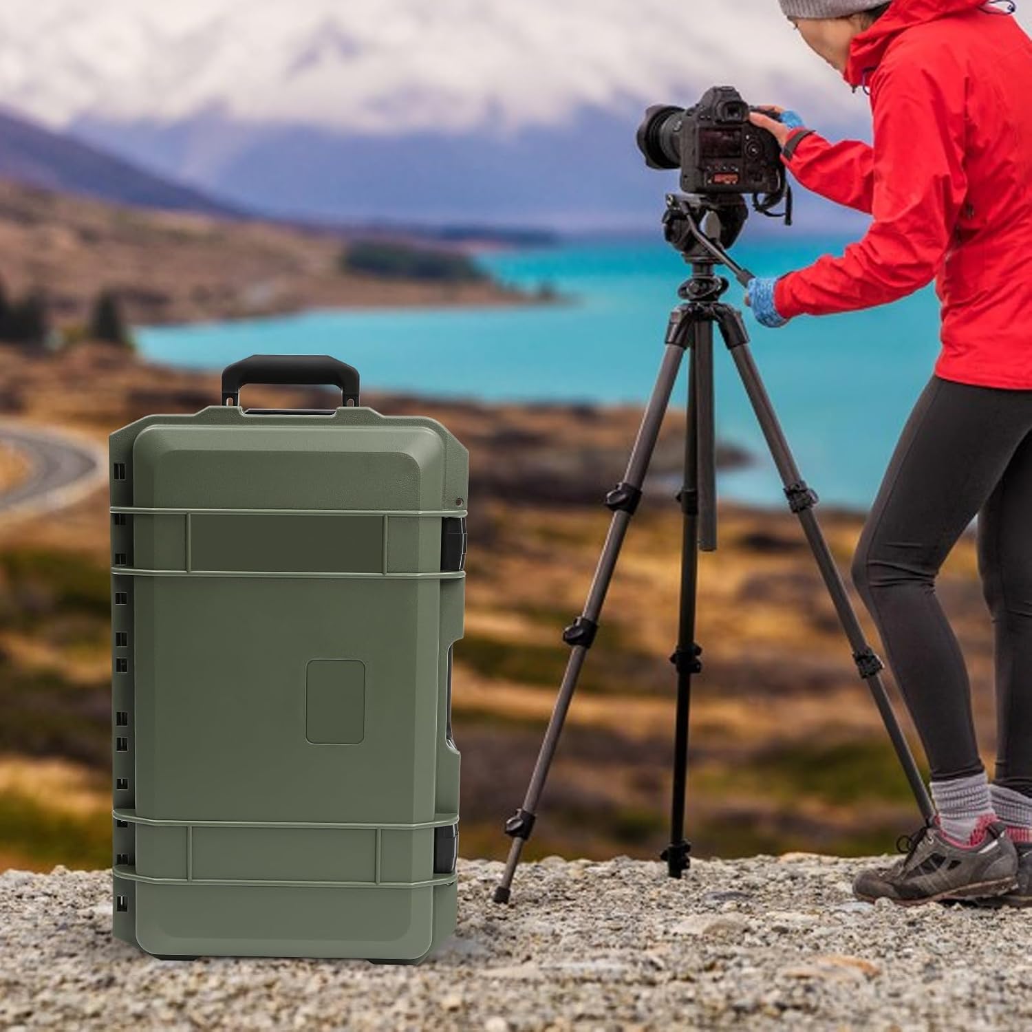 Portable Protective Camera Case, 22" Protective Roller Hard Camera Case with Wheels and Foams Camera Suitcase Waterproof Rolling Hard Case for Camera,Tools,Lens,Drone,Equipment (Green)